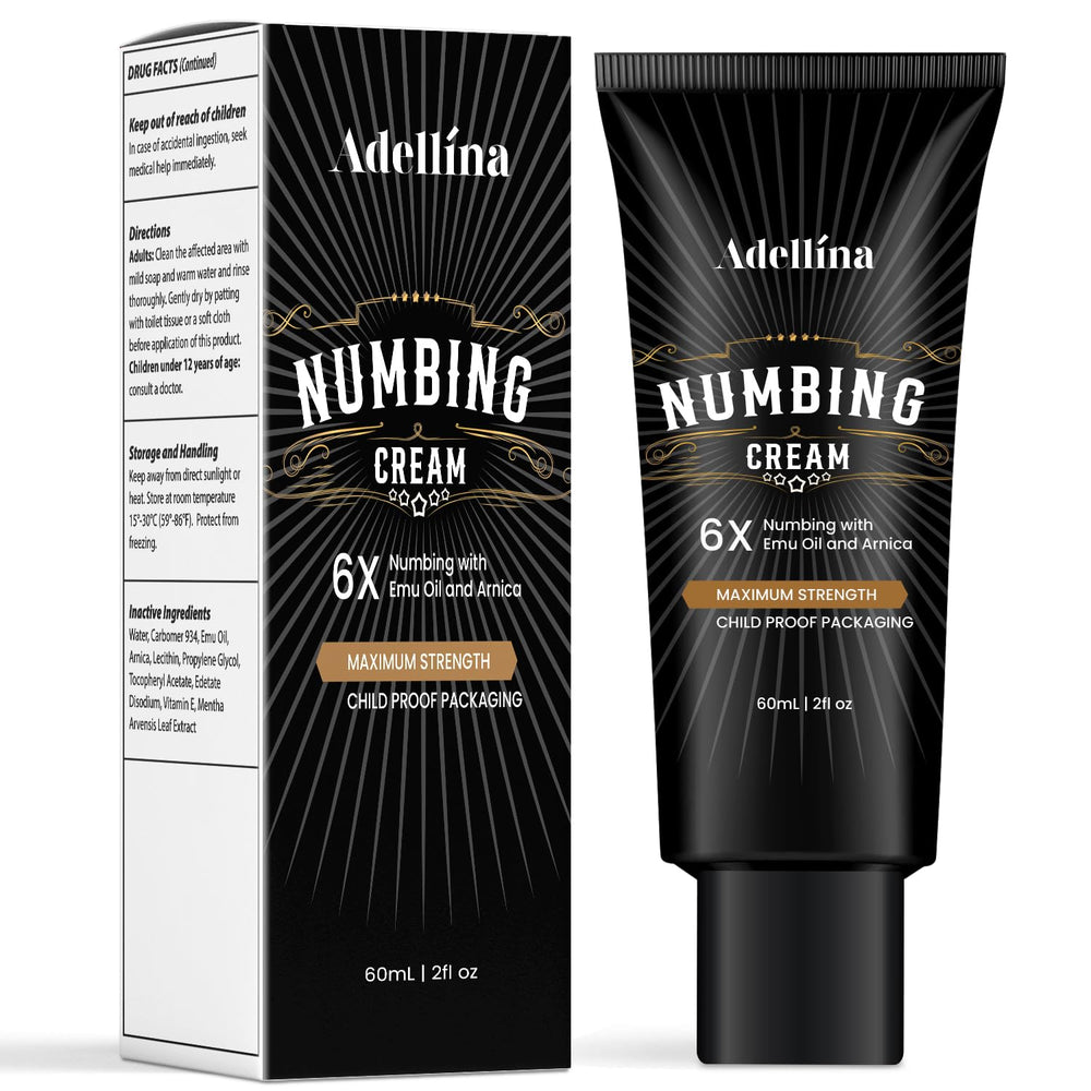 Adellina Numbing Cream bottle showing cooling comfort.