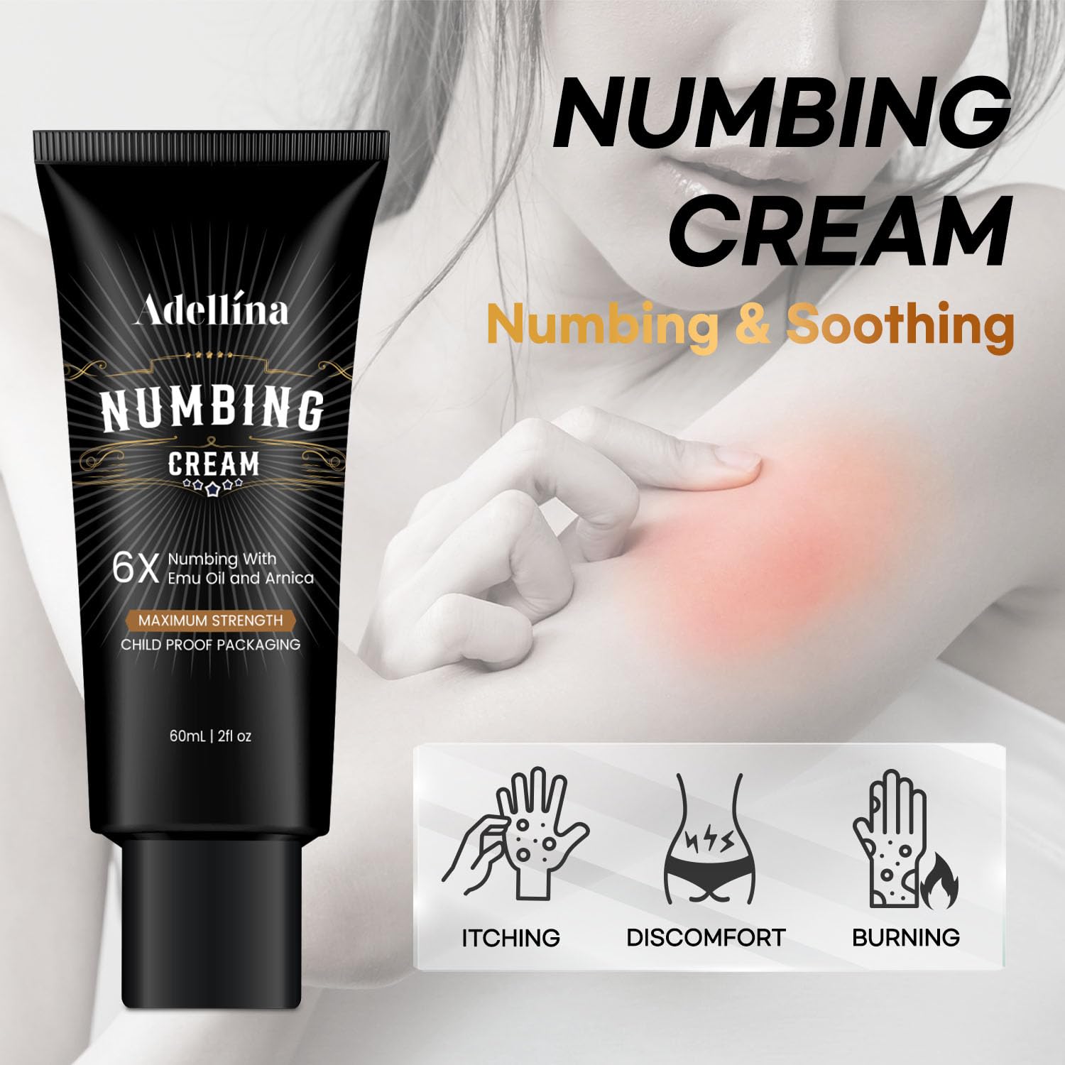 Adellina Numbing Cream label highlights Arnica and Emu Oil.