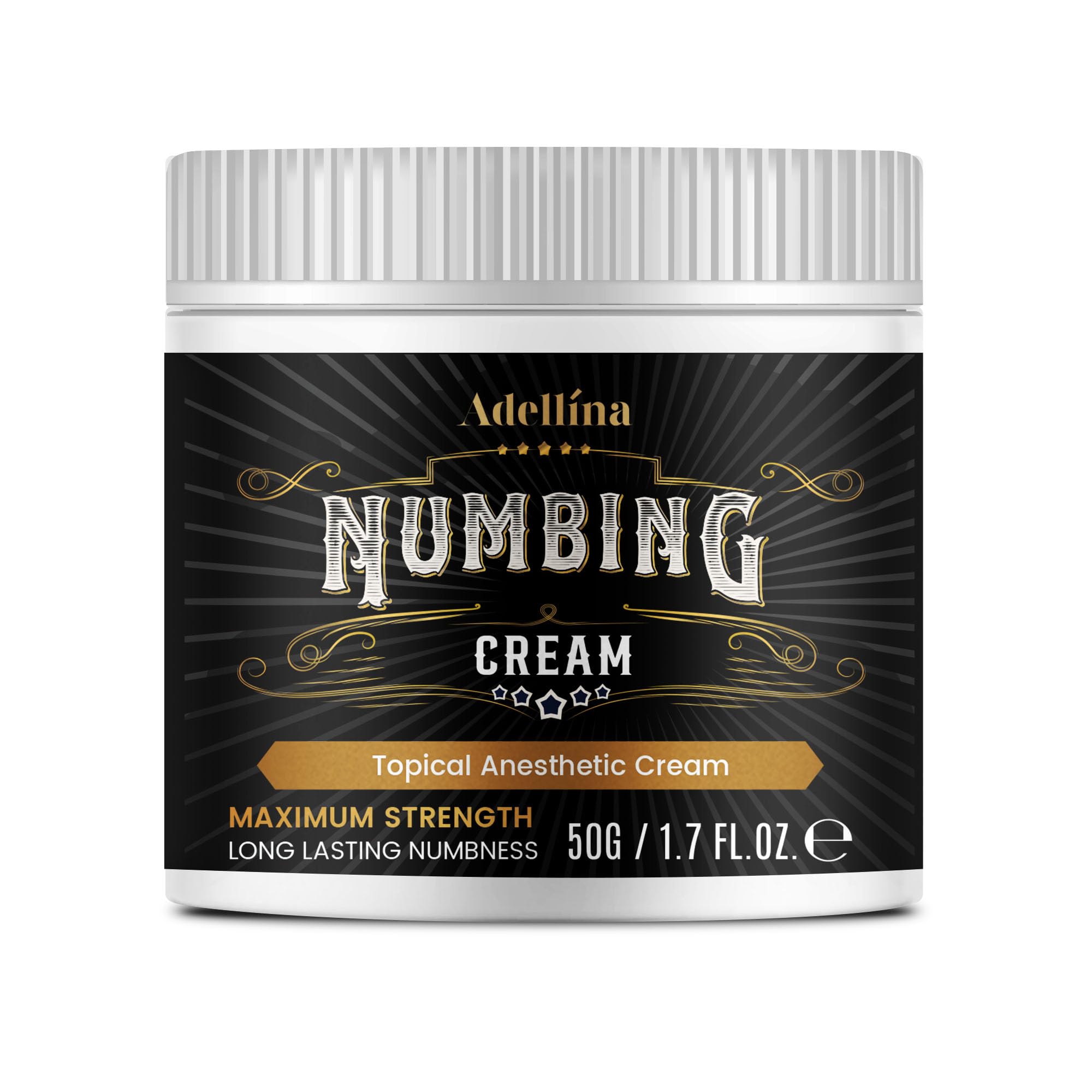 Adellina Numbing Cream bottle shows maximum-strength relief.