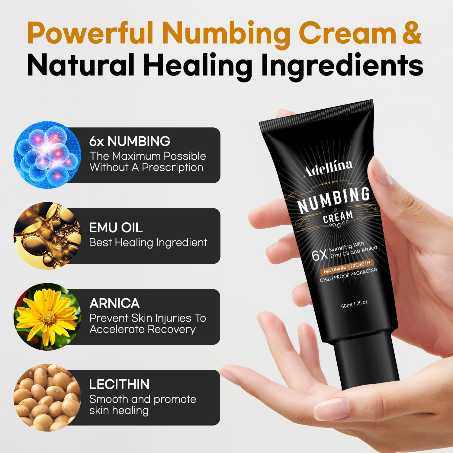 Adellina Numbing Cream texture close-up shows light, non-greasy finish.