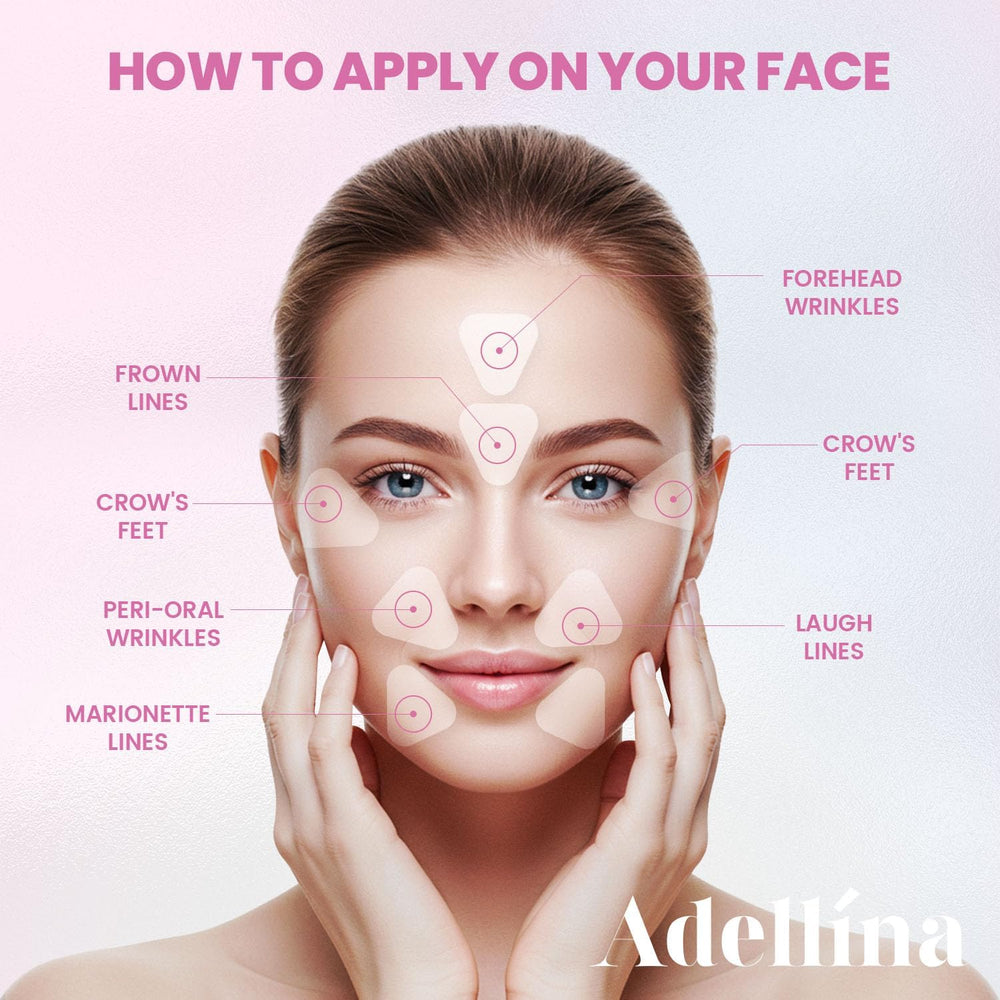 Adellina patches on smile lines help reduce creasing overnight with discreet wear.