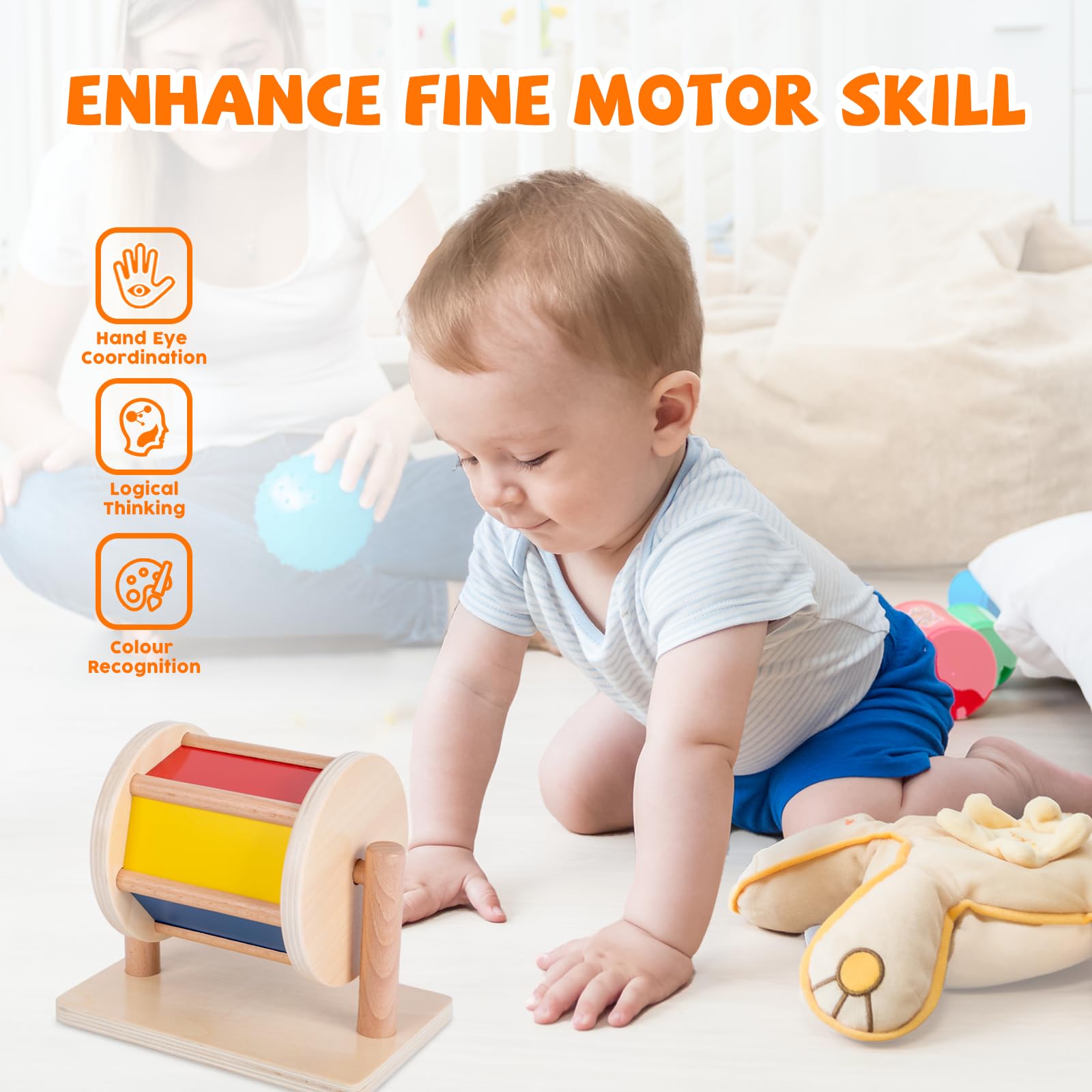 Adena Montessori spinning rainbow drum supports tummy time and movement