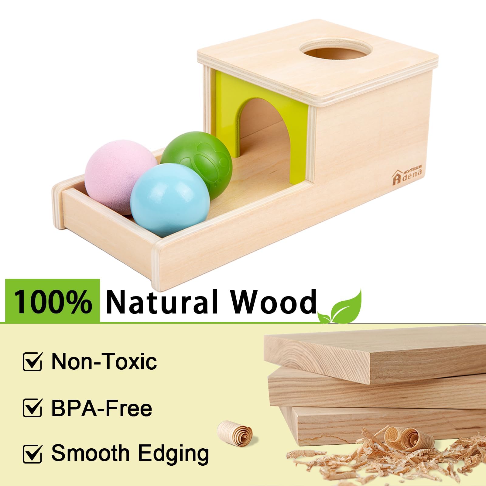 Adena Montessori object permanence box hand insert shot demonstrates fine motor skill practice