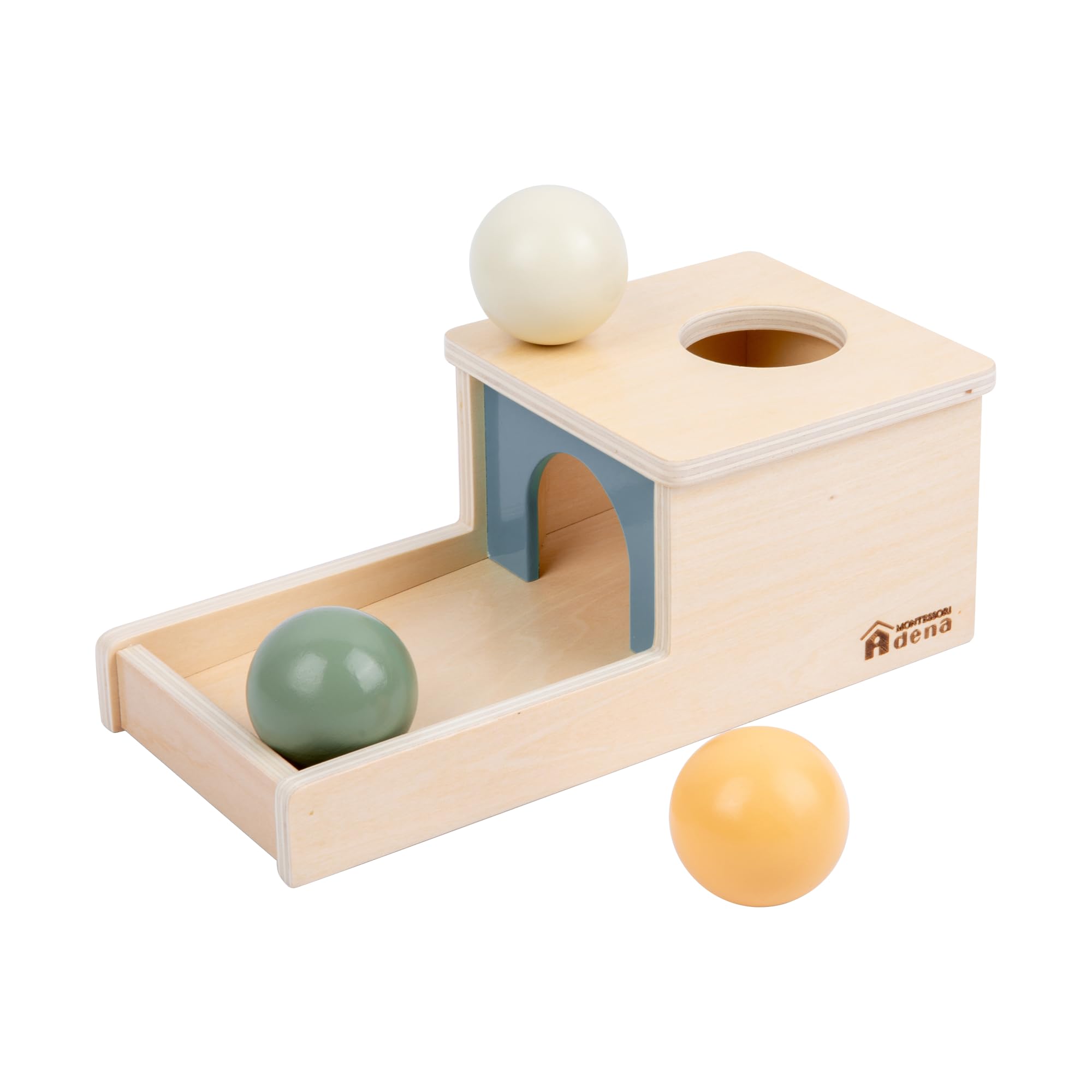 Adena Montessori object permanence box with tray and three balls for sensory play.
