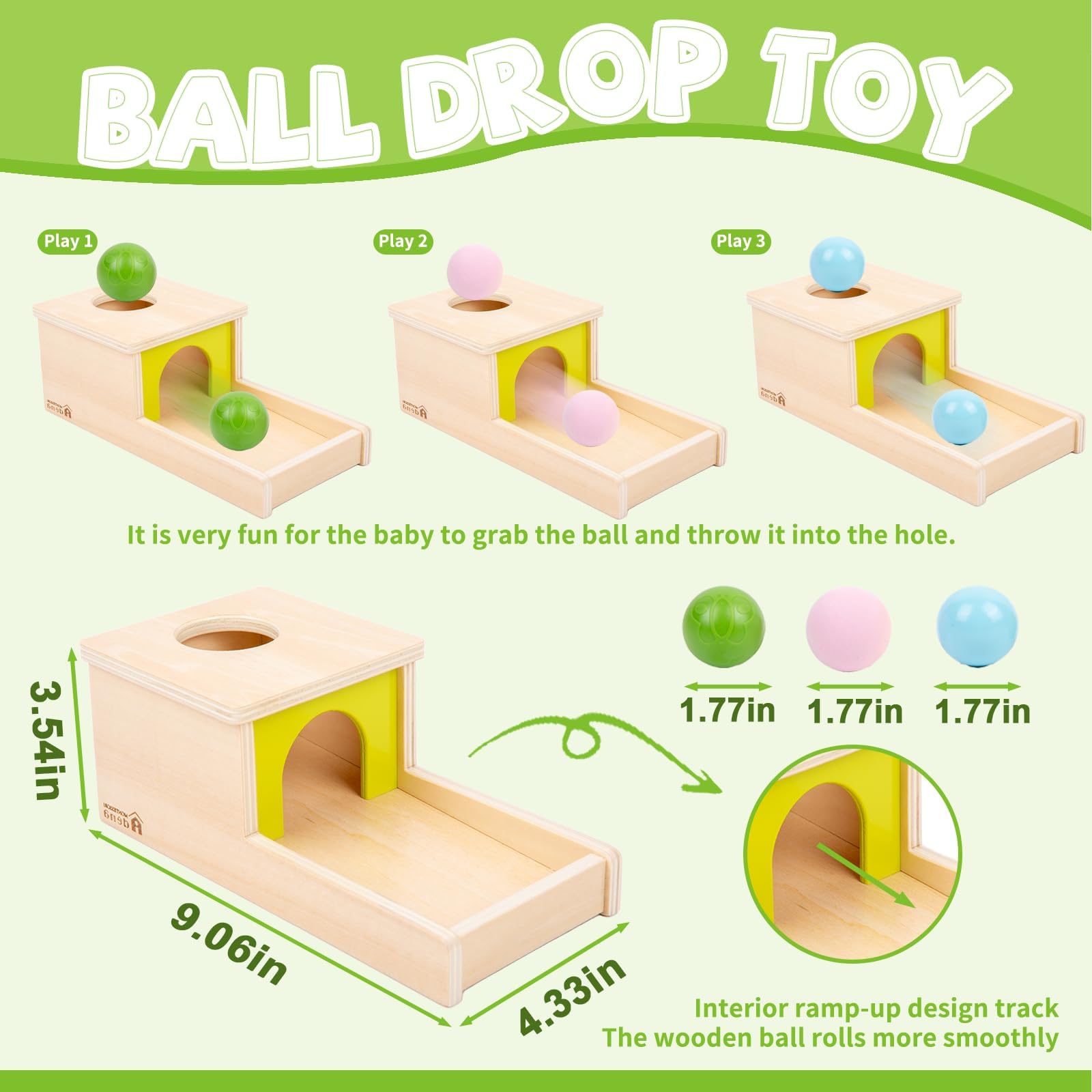 Adena Montessori green plastic ball close-up shows smooth surface and easy grasp