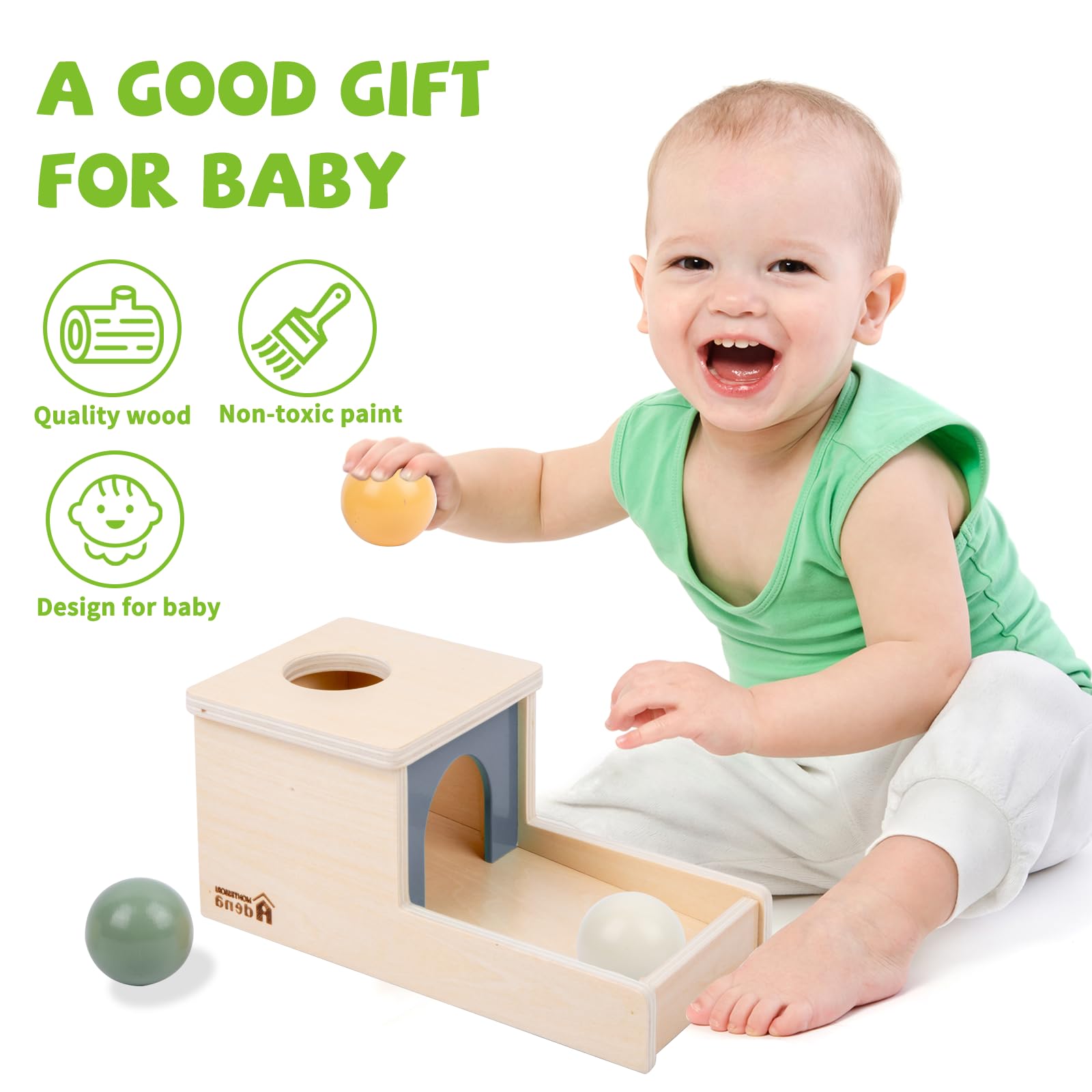 Adena Montessori three wooden balls in Hedge Green Flax and White for color exploration.