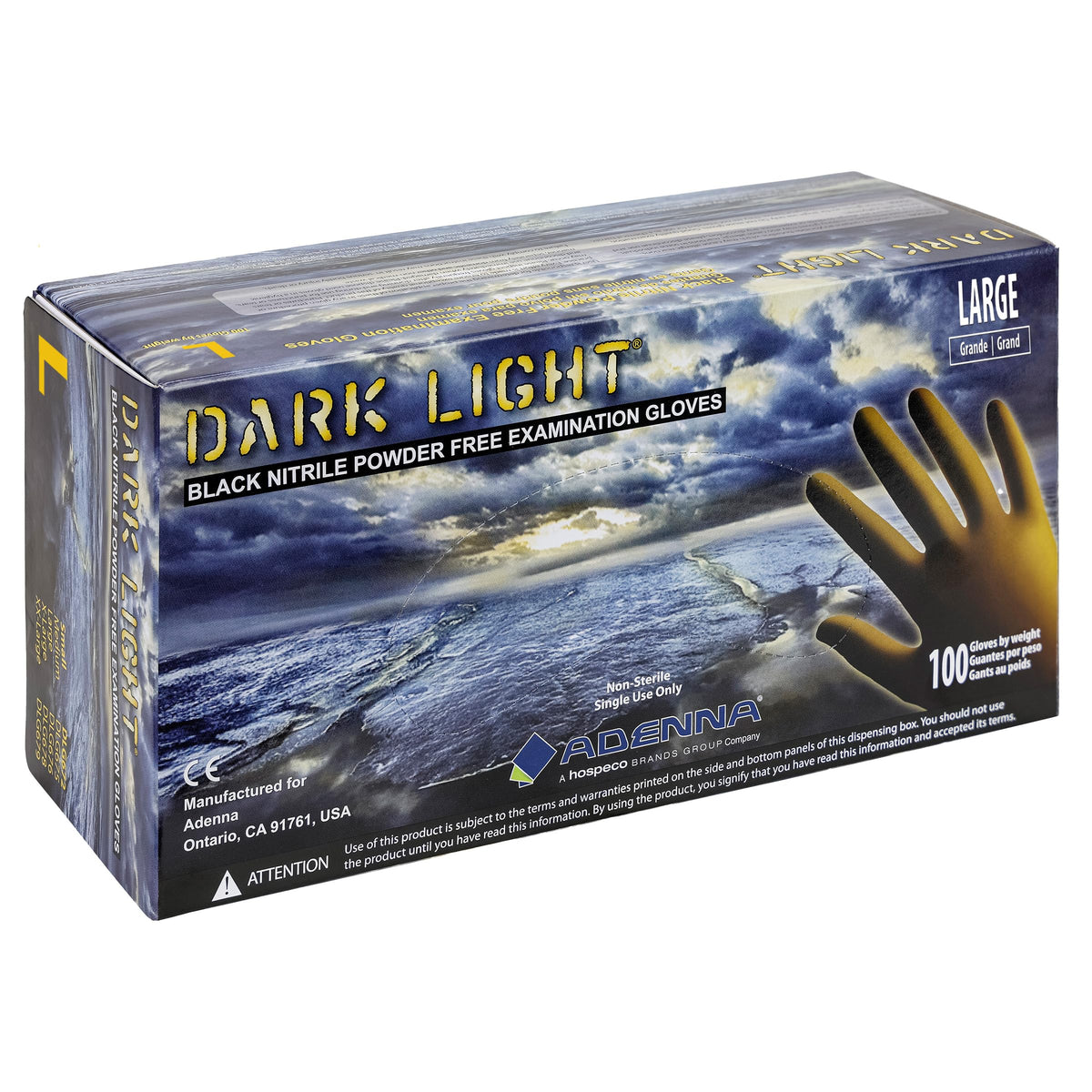 Adenna Dark Light 9mil gloves in a box, durable protection for industrial tasks.