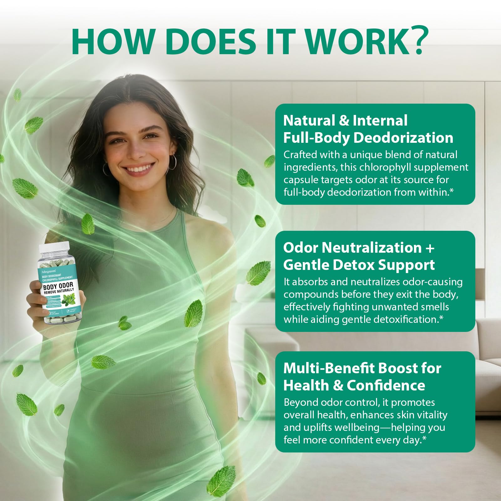 Adeqauom Chlorophyll Capsules ingredients-scene shows vegan and gluten-free notes.