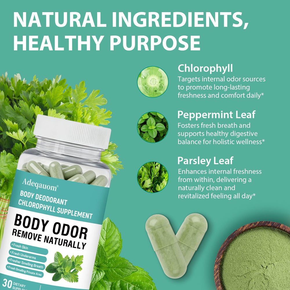 Adeqauom Chlorophyll Capsules label close-up highlights parsley and peppermint ingredients.