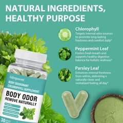 Adeqauom Chlorophyll Capsules label close-up highlights parsley and peppermint ingredients.