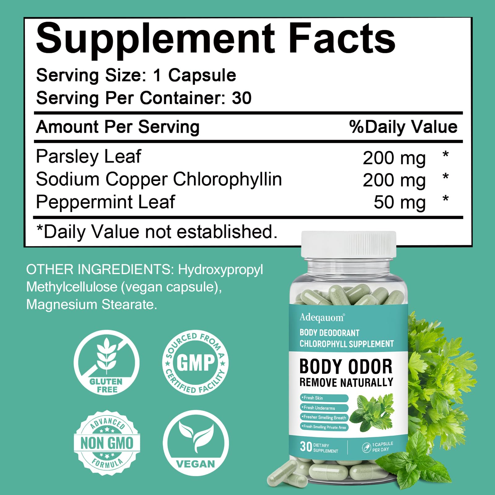 Adeqauom Chlorophyll Capsules skin and energy glow lifestyle shot.