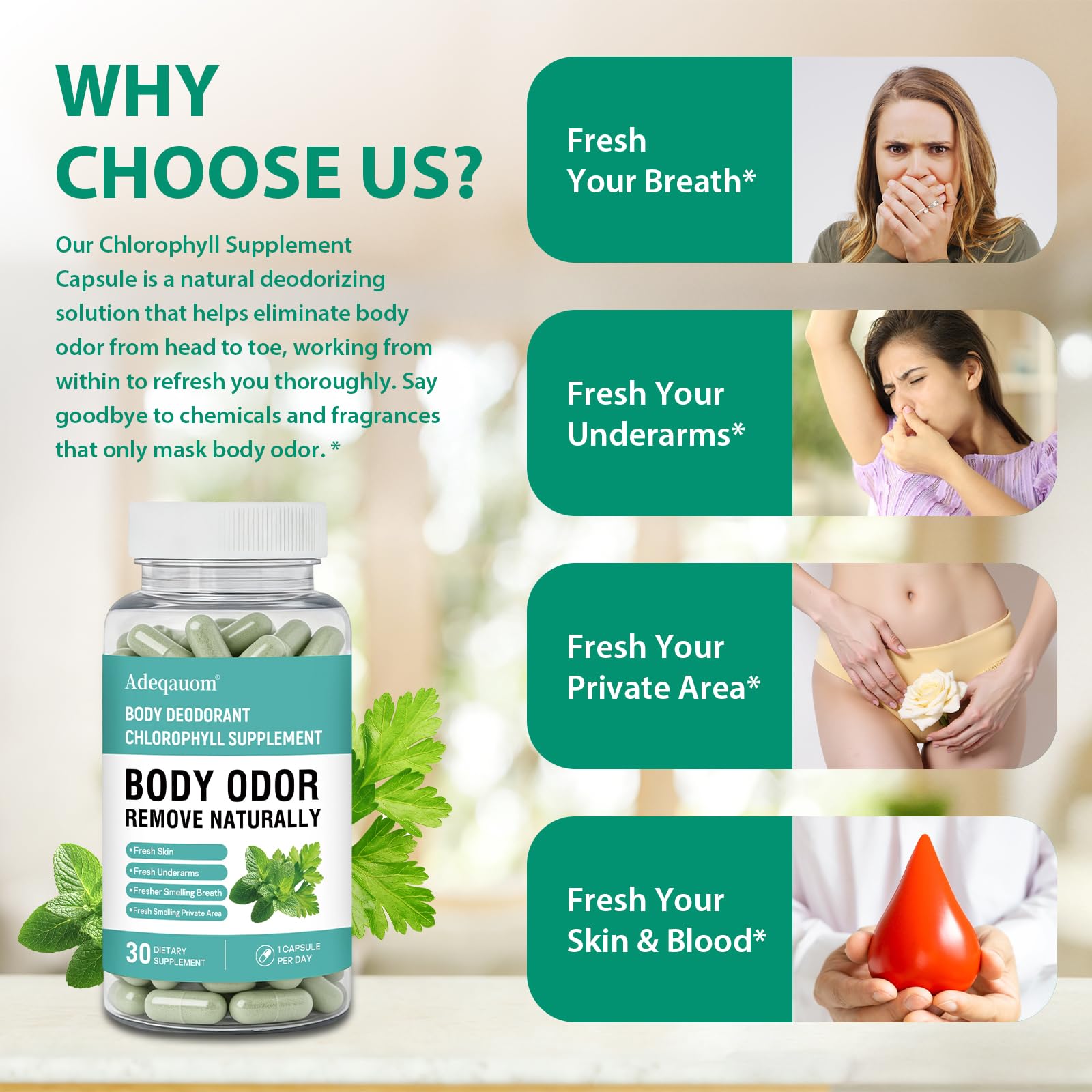 Adeqauom Chlorophyll Capsules GMP-certified facility note signals quality.