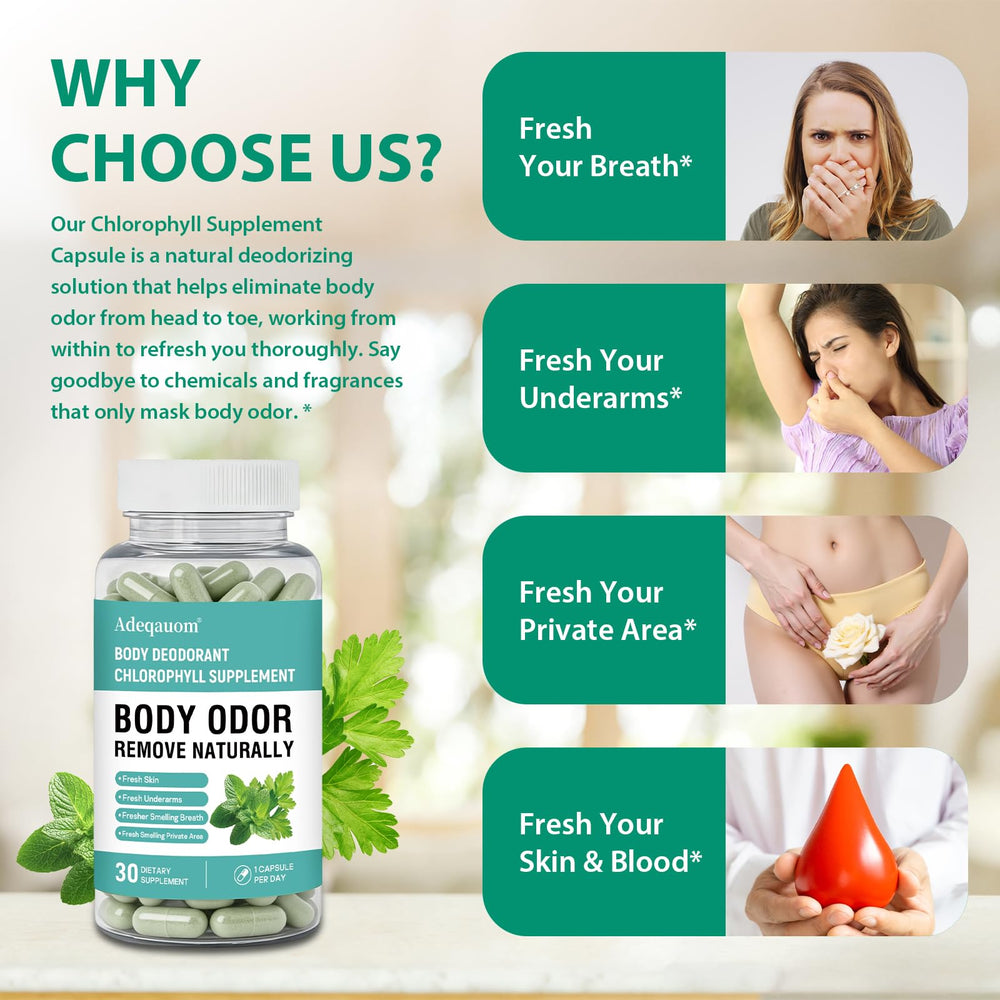 Adeqauom Chlorophyll Capsules GMP-certified facility note signals quality.