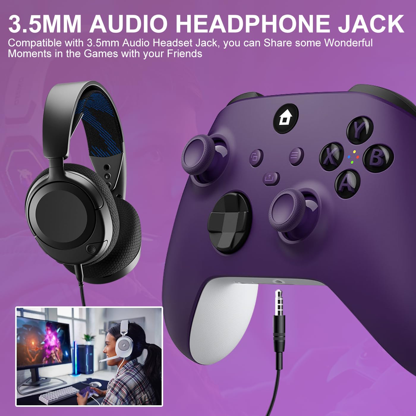 ADHJIE Xbox controller purple with 3.5mm jack enables private audio.