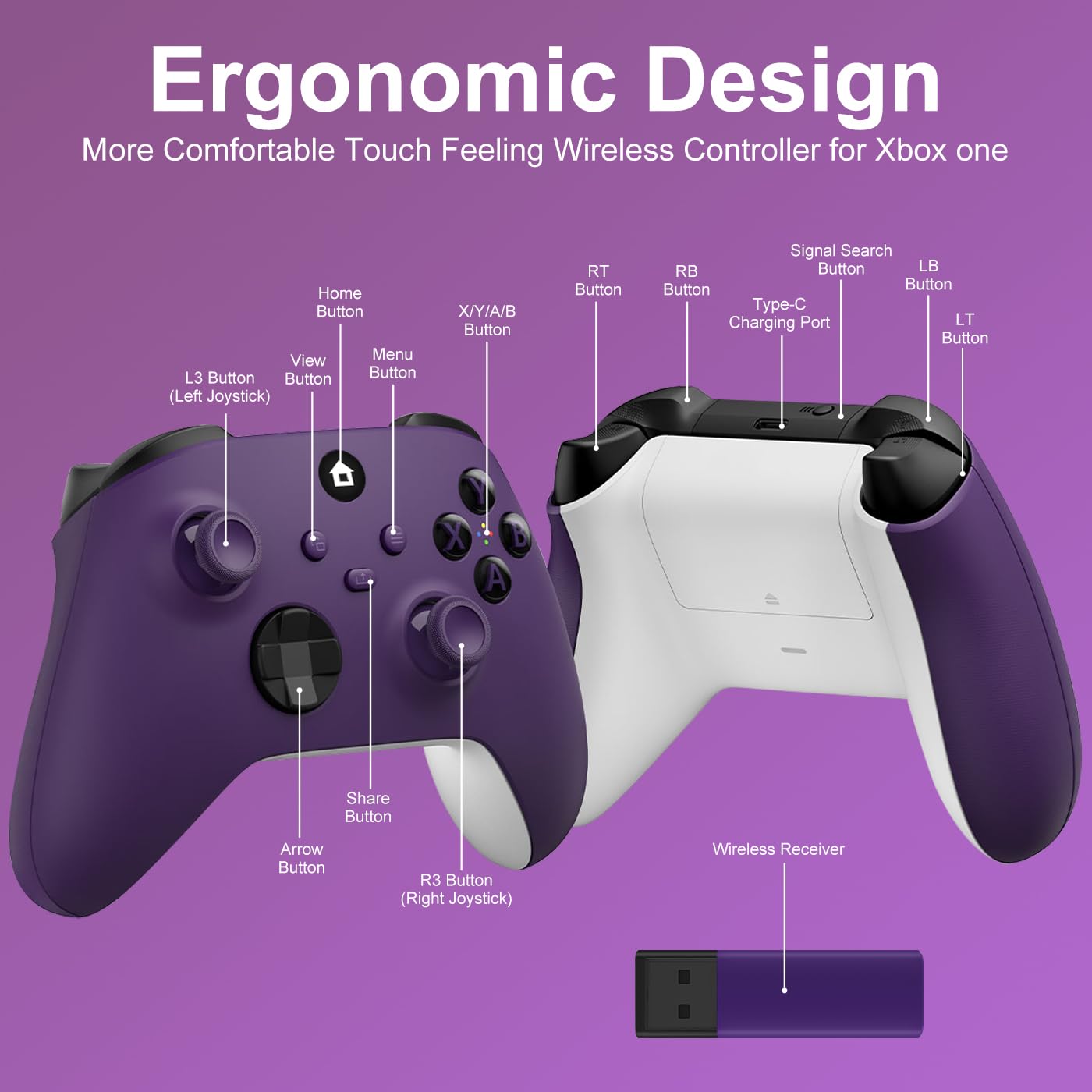 ADHJIE Xbox controller purple packaging shot shows ready-to-use setup.