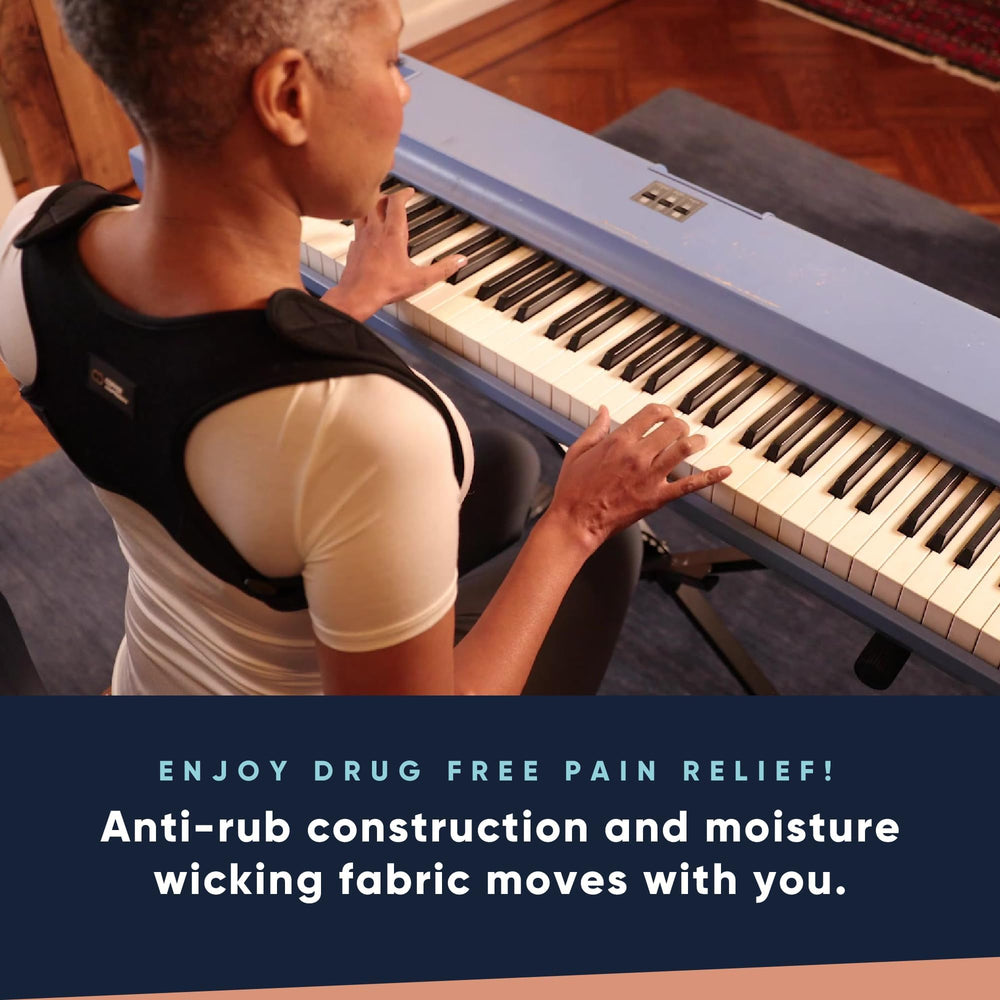 Adjustable upper back support designed for secure, comfortable wear.
