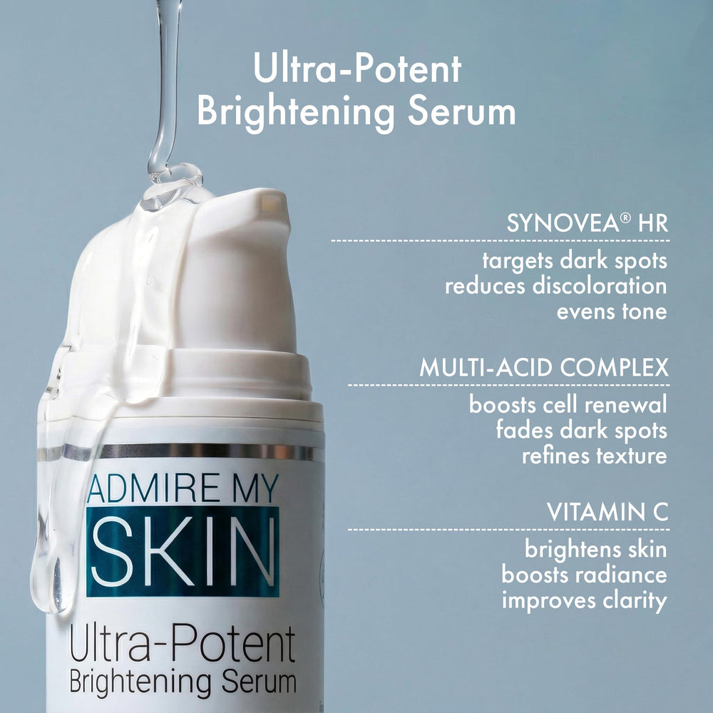 Admire My Skin bottle label closeup reveals active ingredients and brand.