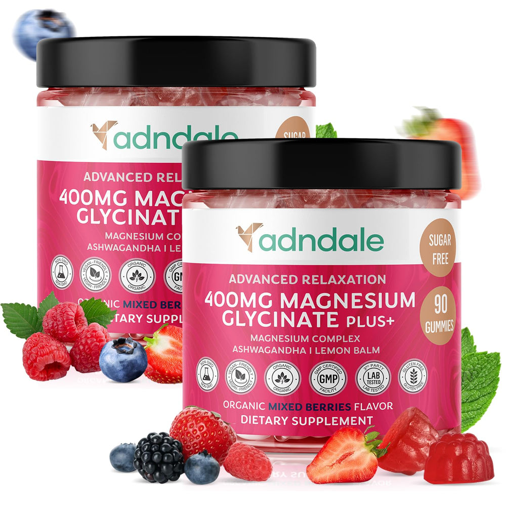 Adndale magnesium glycinate gummies bottle, 180-count, for daily relaxation.