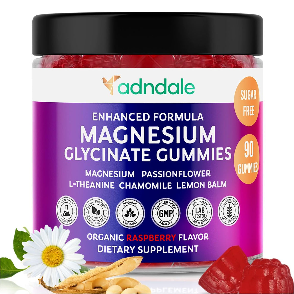 Adndale Magnesium Glycinate Gummies bottle front promotes relaxation with raspberry flavor