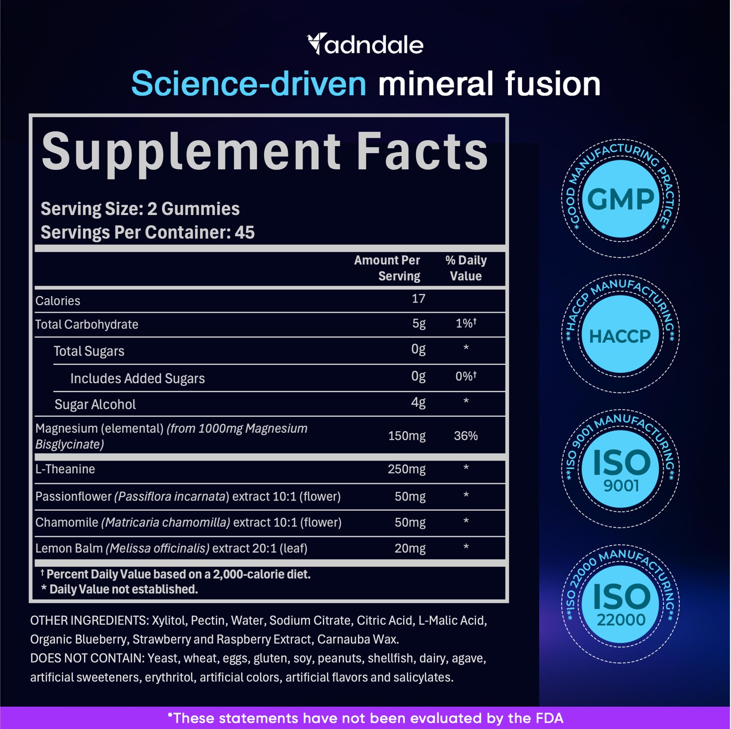 Ingredients label highlights chelated magnesium and L-theanine