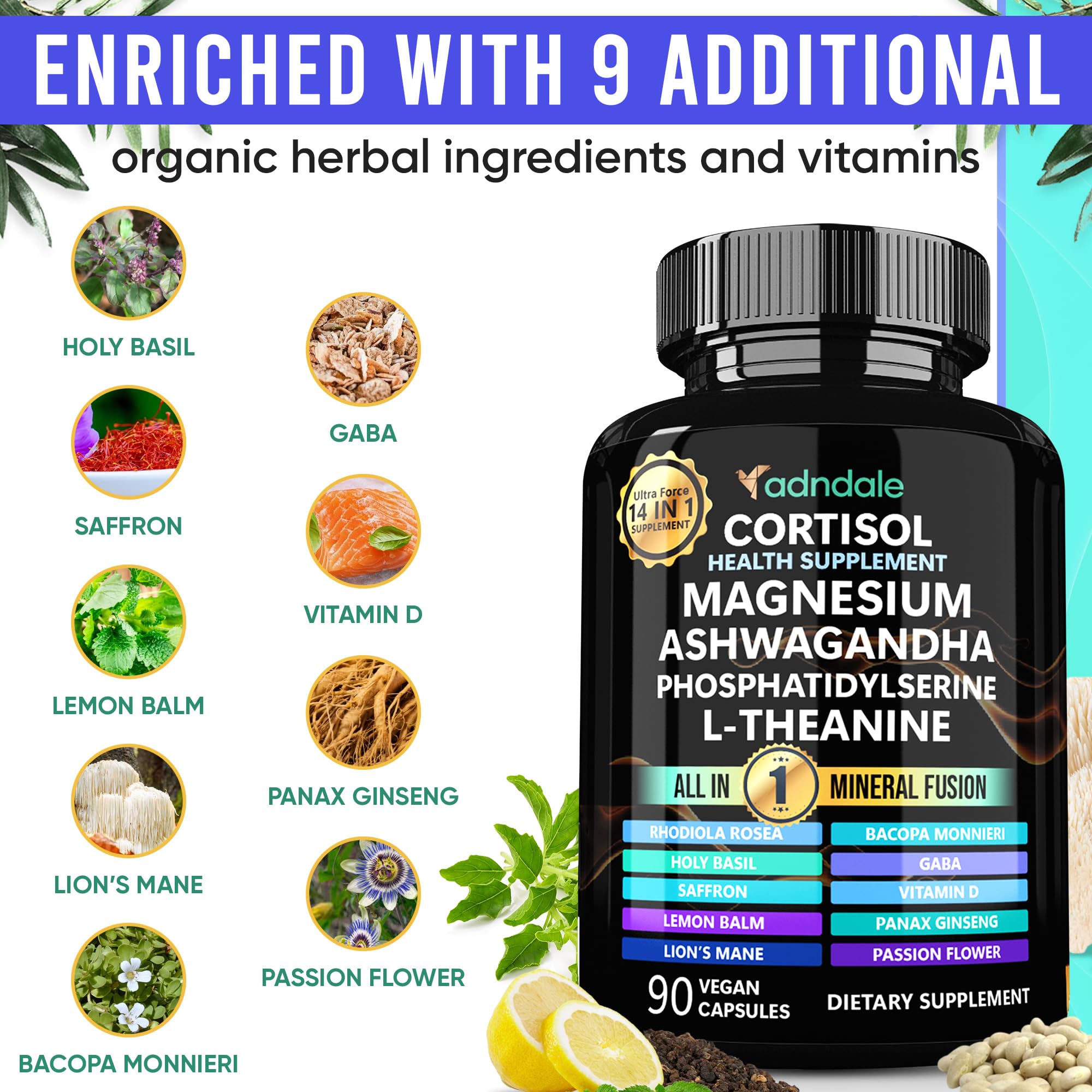 Adndale Cortisol supplement label detail highlighting the 14-in-1 formula.