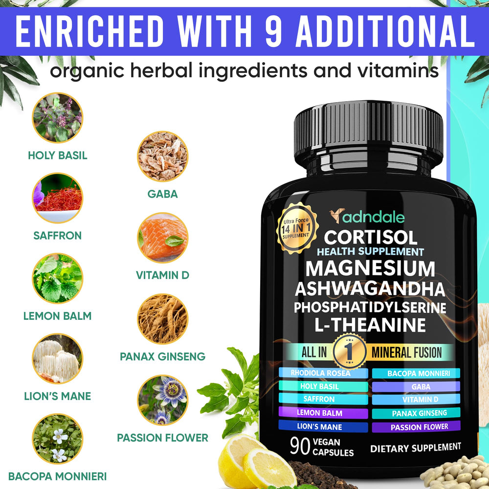 Adndale Cortisol supplement label detail highlighting the 14-in-1 formula.