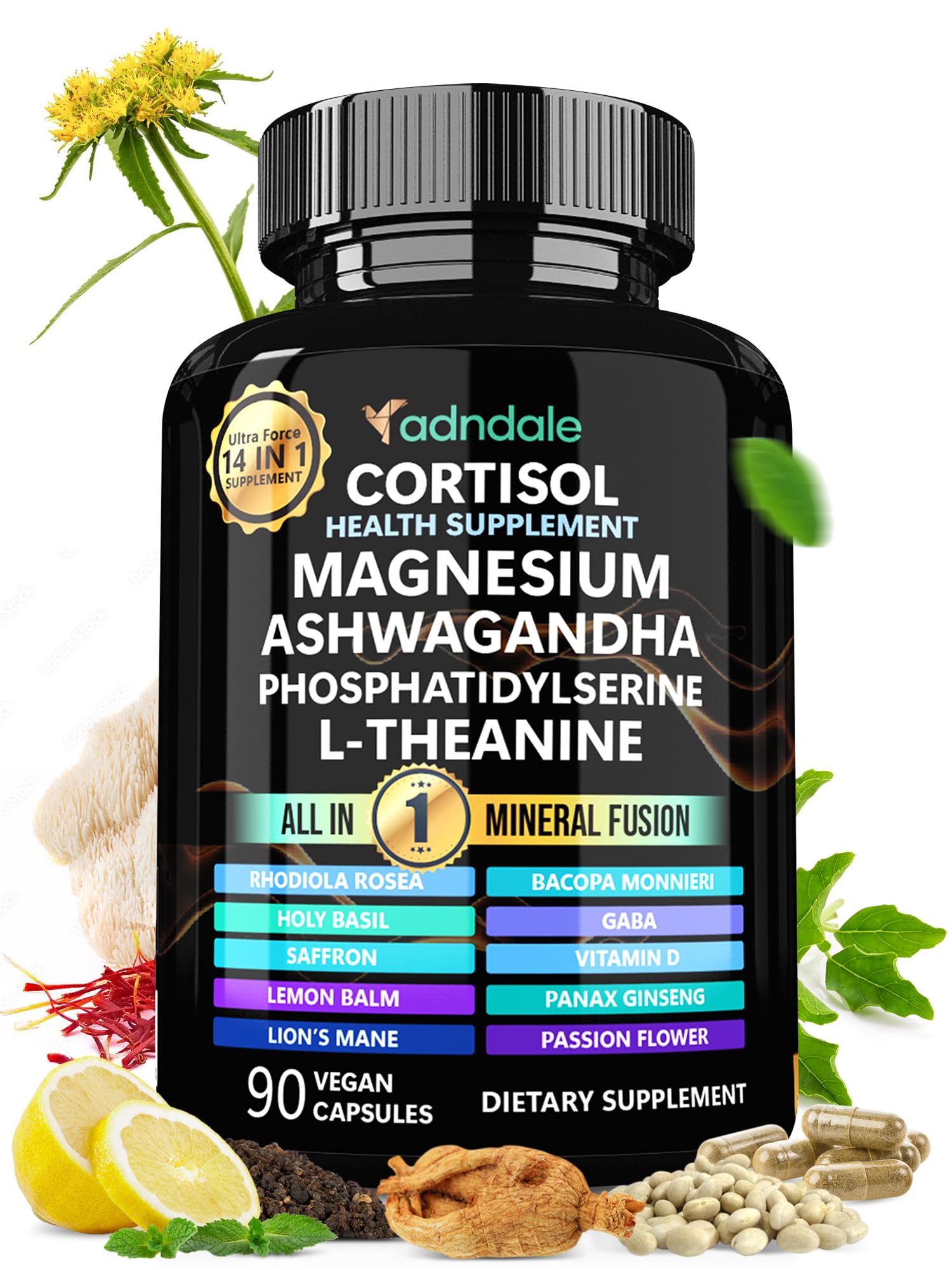 Adndale Cortisol supplement bottle on a clean counter for daily stress support.