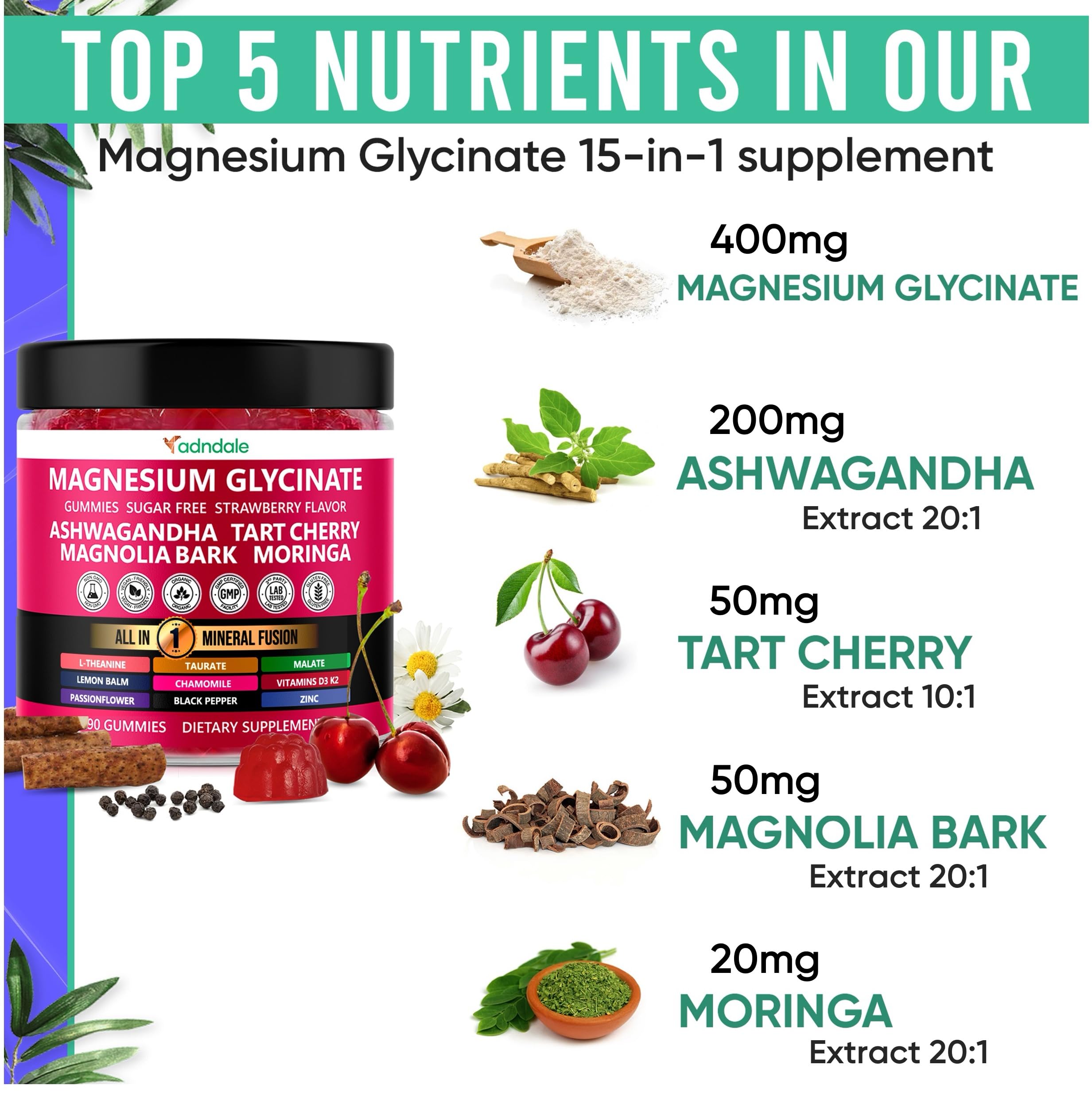 Adndale ingredients scene features Ashwagandha and Tart Cherry for relaxation support.