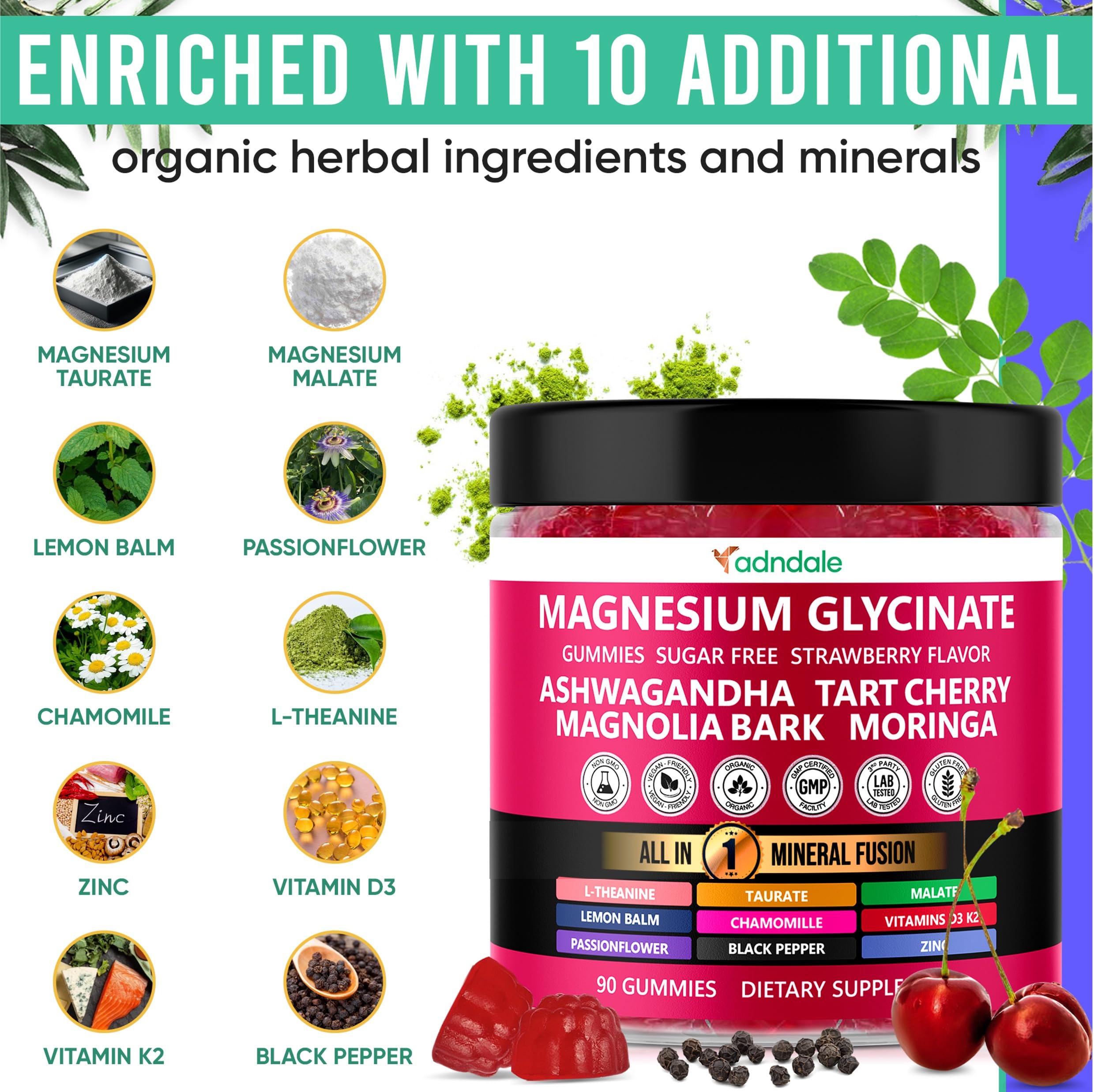 Adndale packaging shows strawberry-flavored gummies for family-friendly daily use.