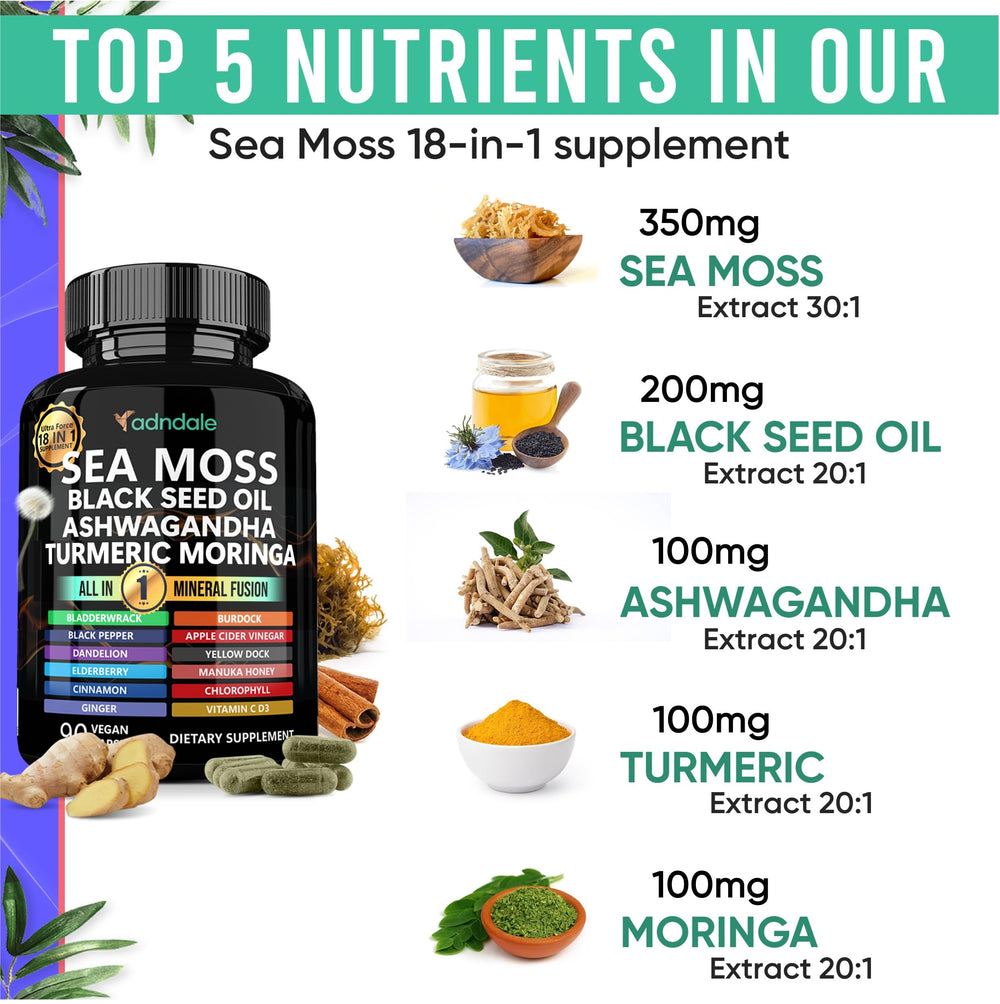Back label of Adndale Sea Moss Capsules highlighting 18-in-1 fusion and testing