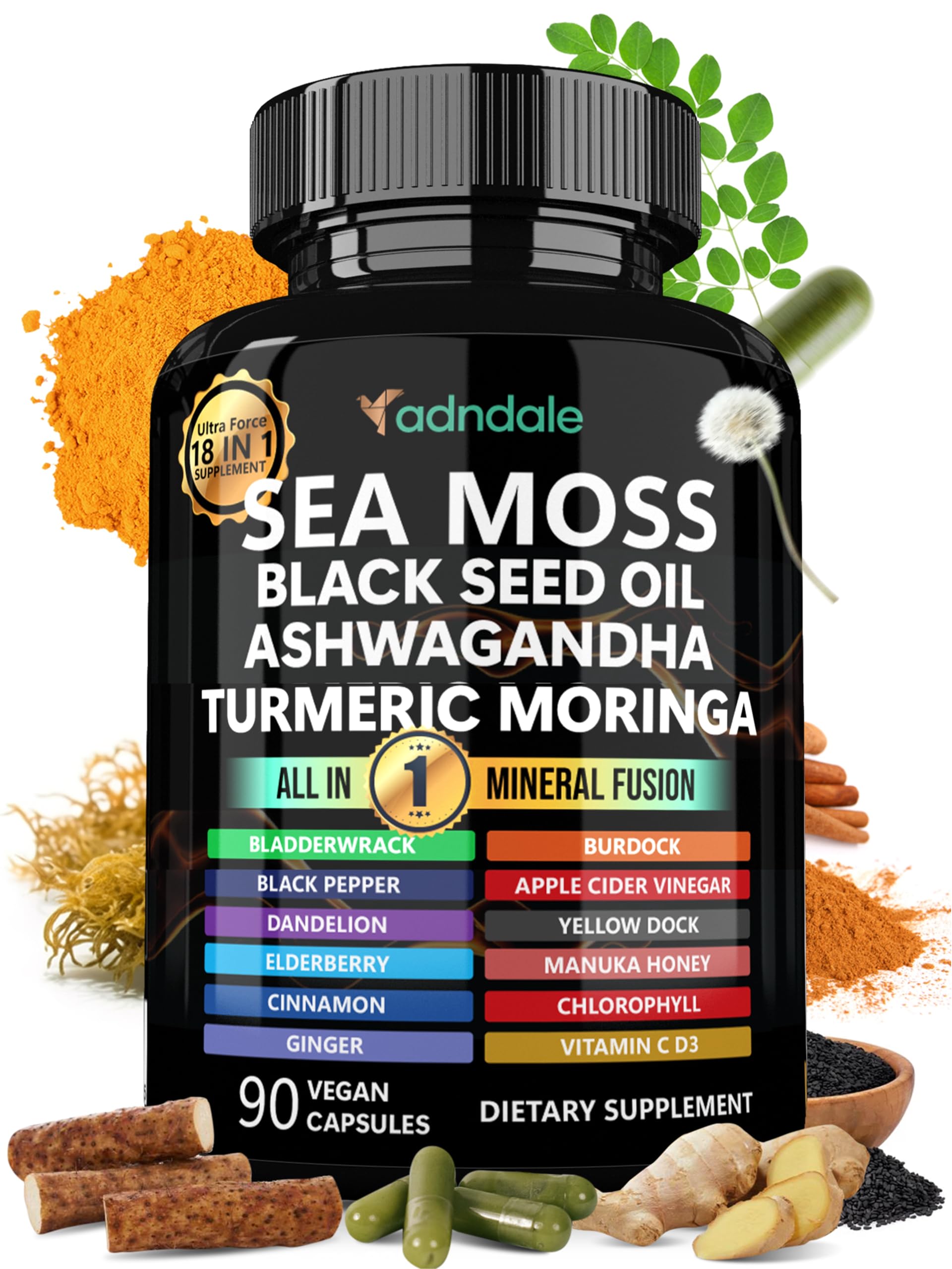 Adndale Sea Moss Capsules bottle front view showing vegan 90-count packaging for daily energy support
