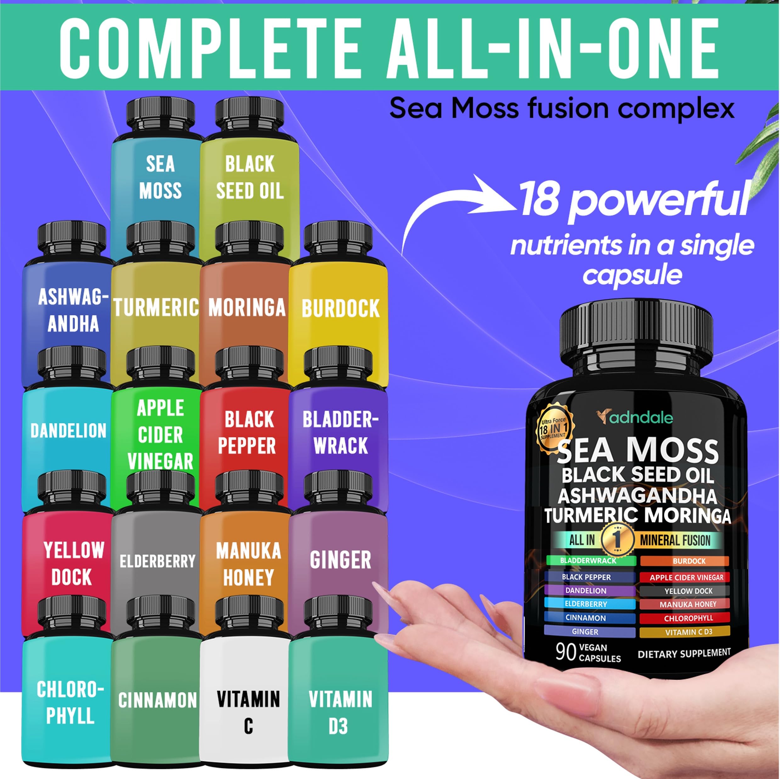 Adndale Sea Moss Capsules bottle displayed on table for convenient daily use