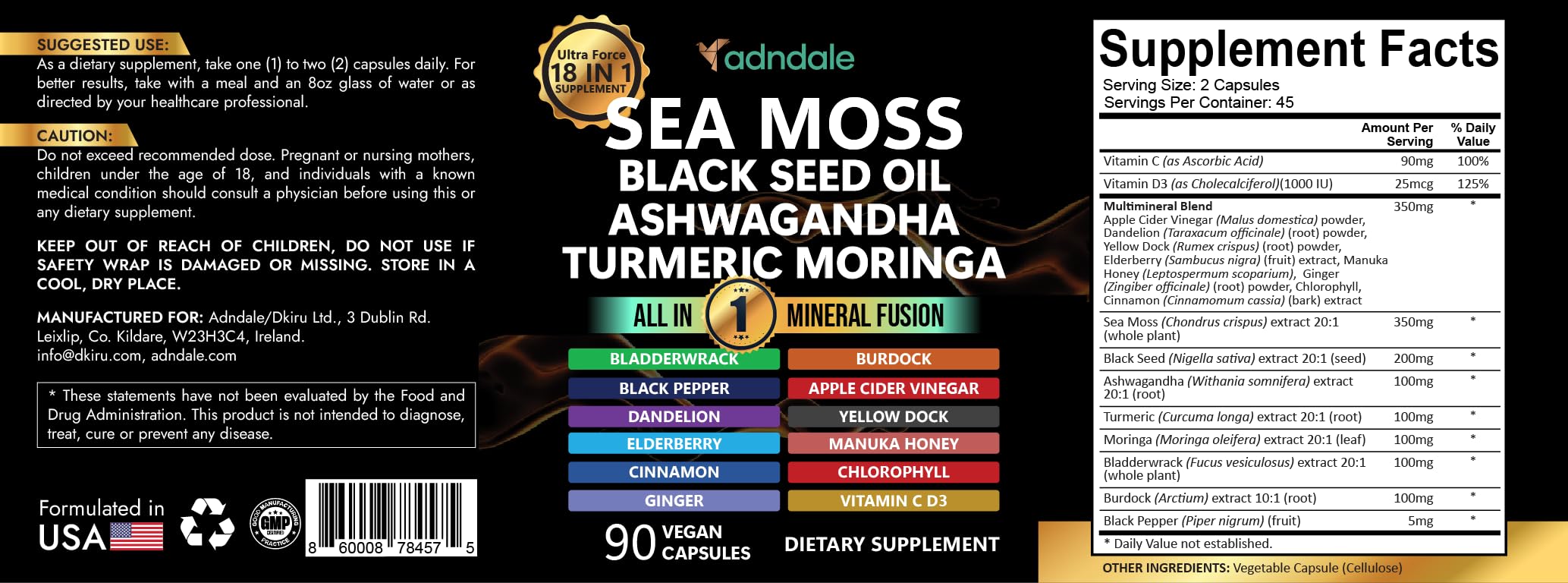 Adndale Sea Moss Capsules packaging highlighting energy-support and 18-in-1 blend