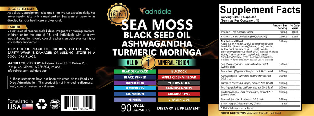 Adndale Sea Moss Capsules packaging highlighting energy-support and 18-in-1 blend