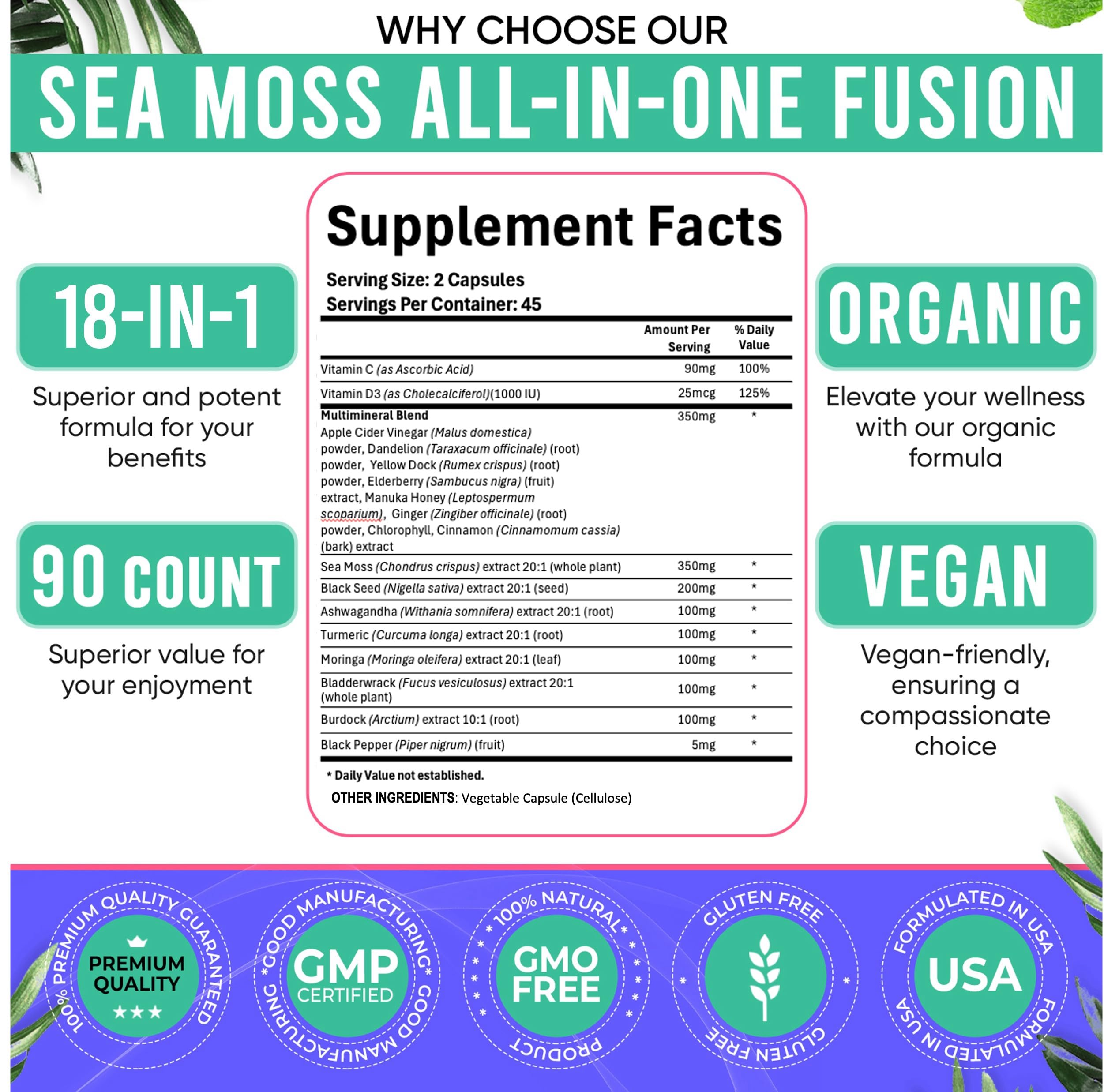 Vegan label on Adndale Sea Moss Capsules indicating gelatin-free formulation