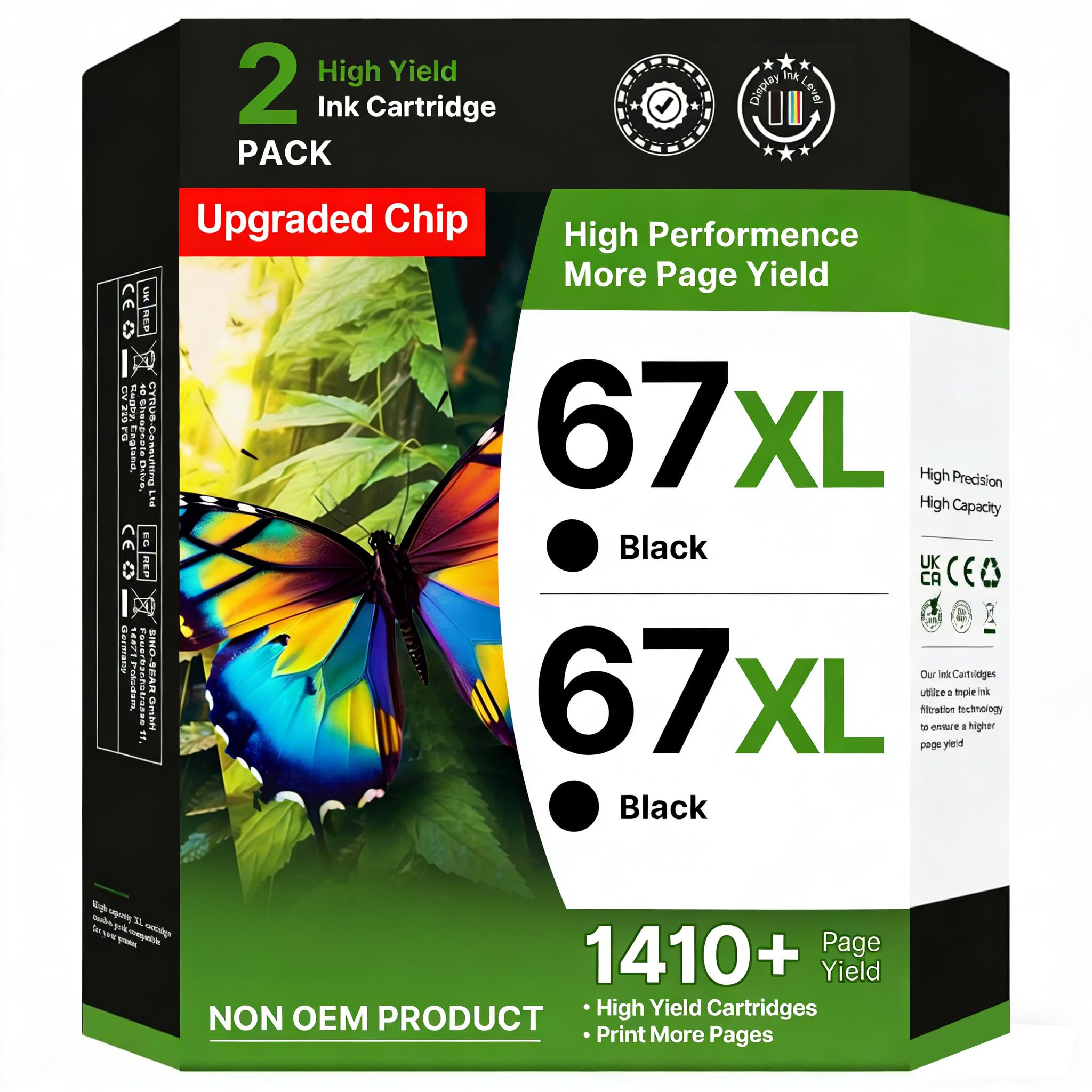 Adoccur 67XL black ink cartridge pack—two-pack, compatible with HP printers, ready for reliable prints.
