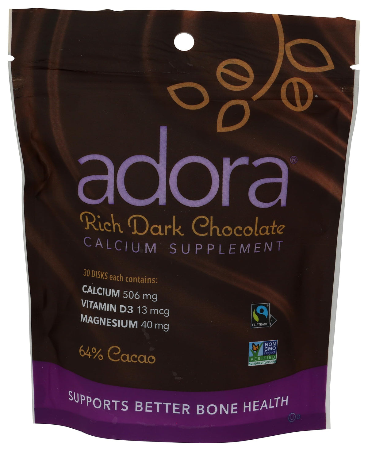 Adora Calcium Disk in dark chocolate delivers 500 mg calcium per serving for daily support.