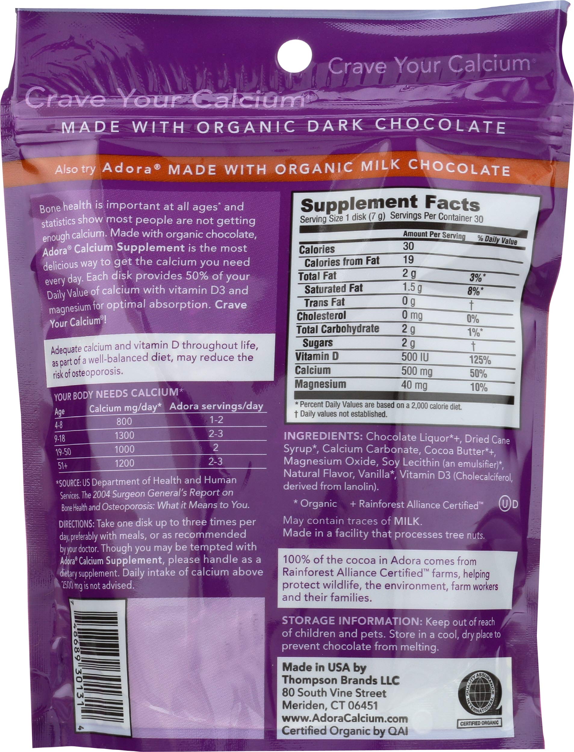 Label of Adora calcium disk listing calcium, D3, and magnesium contents.