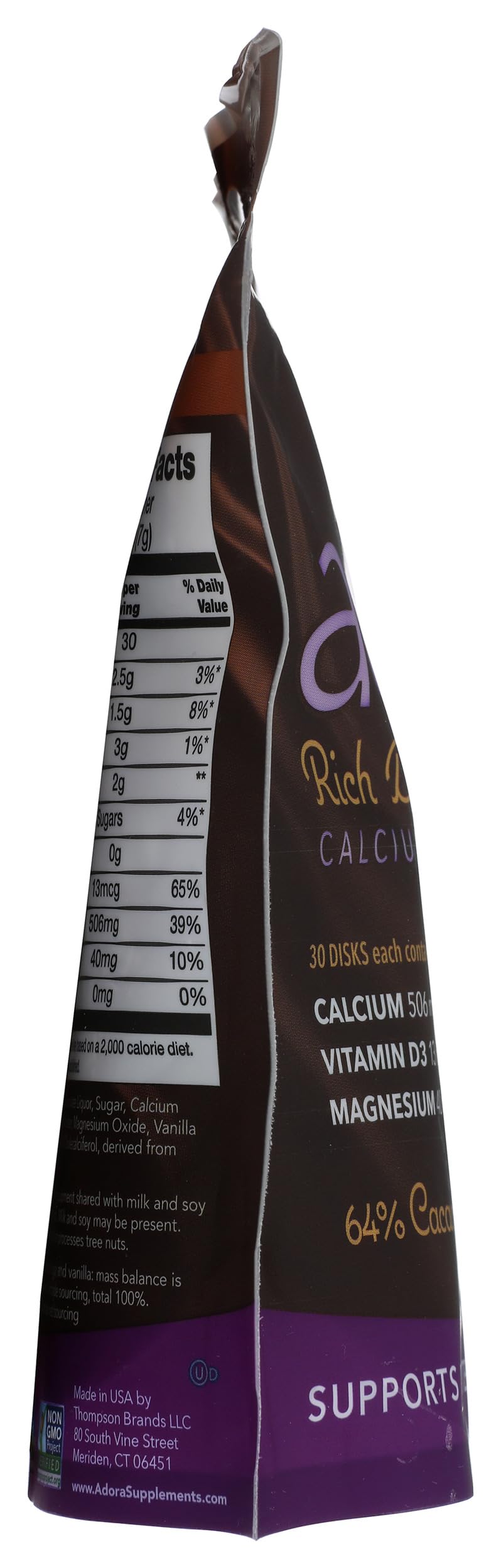 Package showing organic, kosher, gluten-free certifications for Adora disk.
