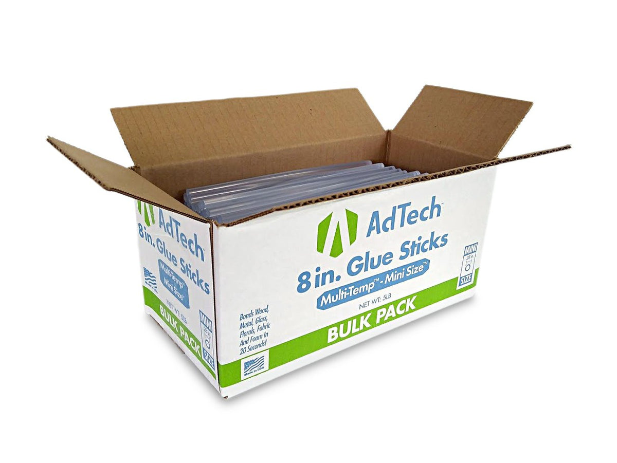 AdTech 8-inch mini hot glue sticks in crystal clear finish for fast craft bonding.