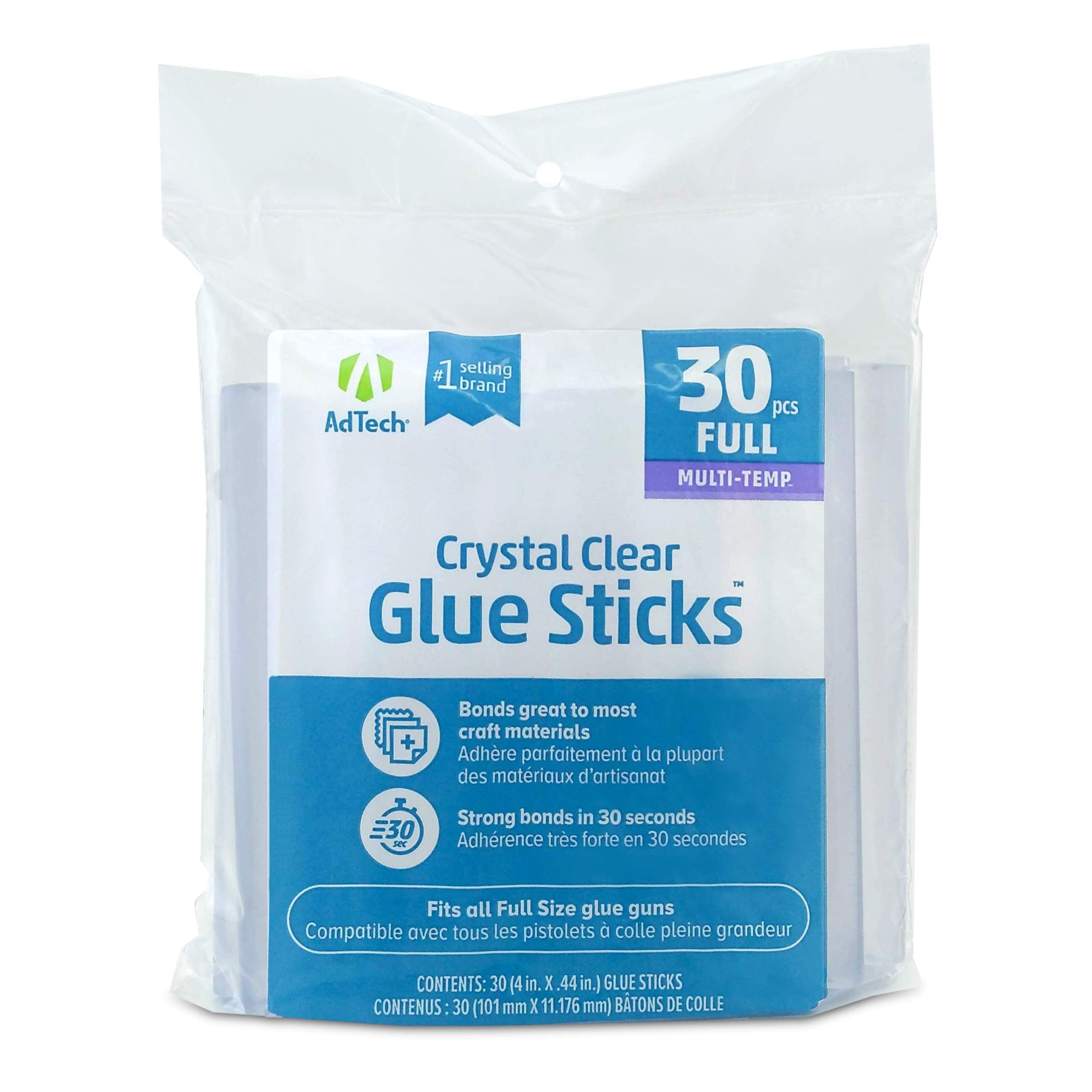Adtech Adhesive Technologies 220-14ZIP30 full-size glue sticks in a 30-count bag for crafts.
