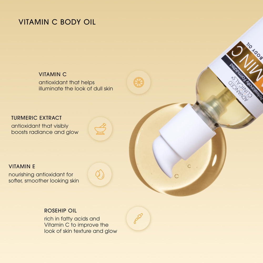 Close up of Advanced Clinicals Brightening Vitamin C Body Oil bottle with label