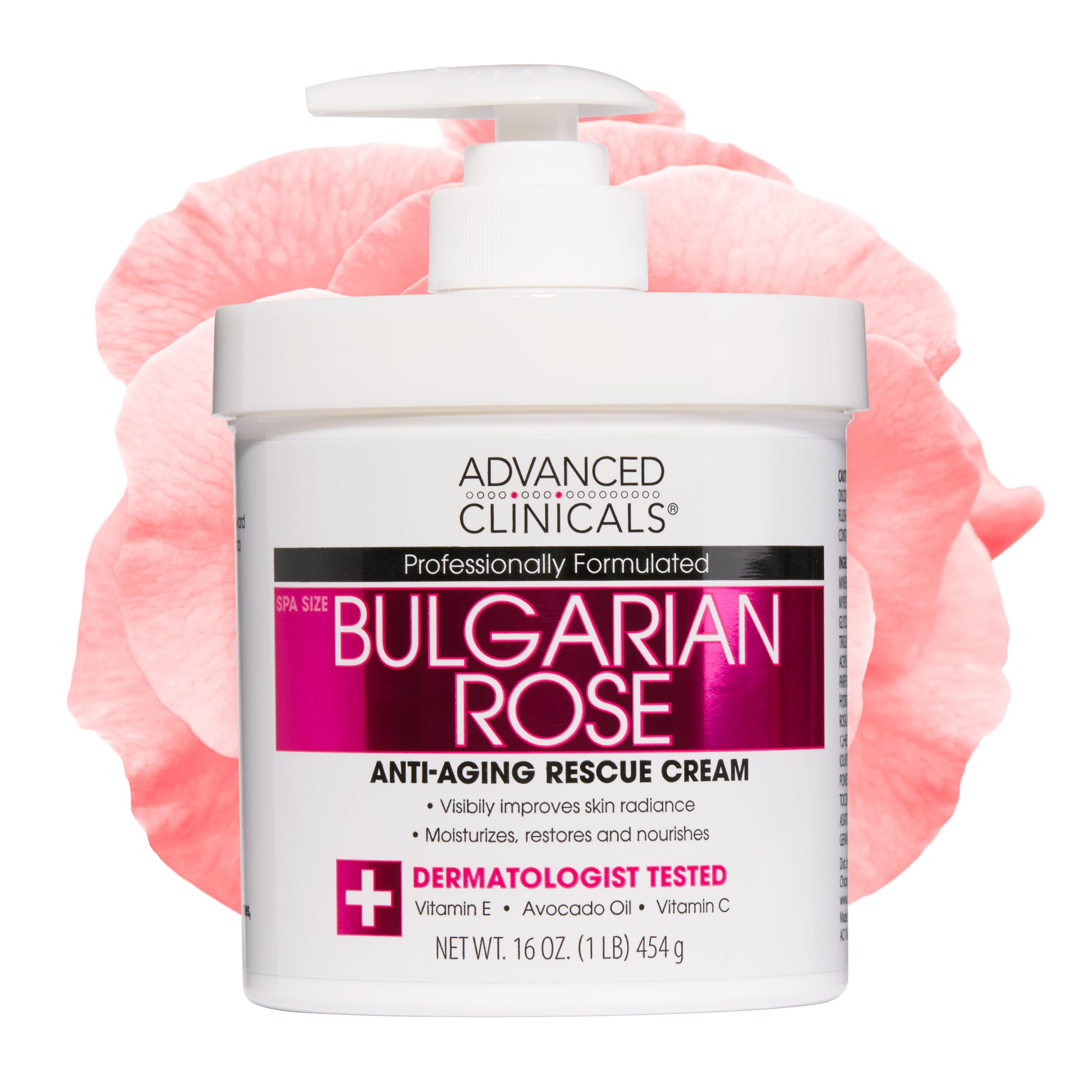 Advanced Clinicals Bulgarian Rose Lotion bottle demonstrates rich hydration for daily moisture.