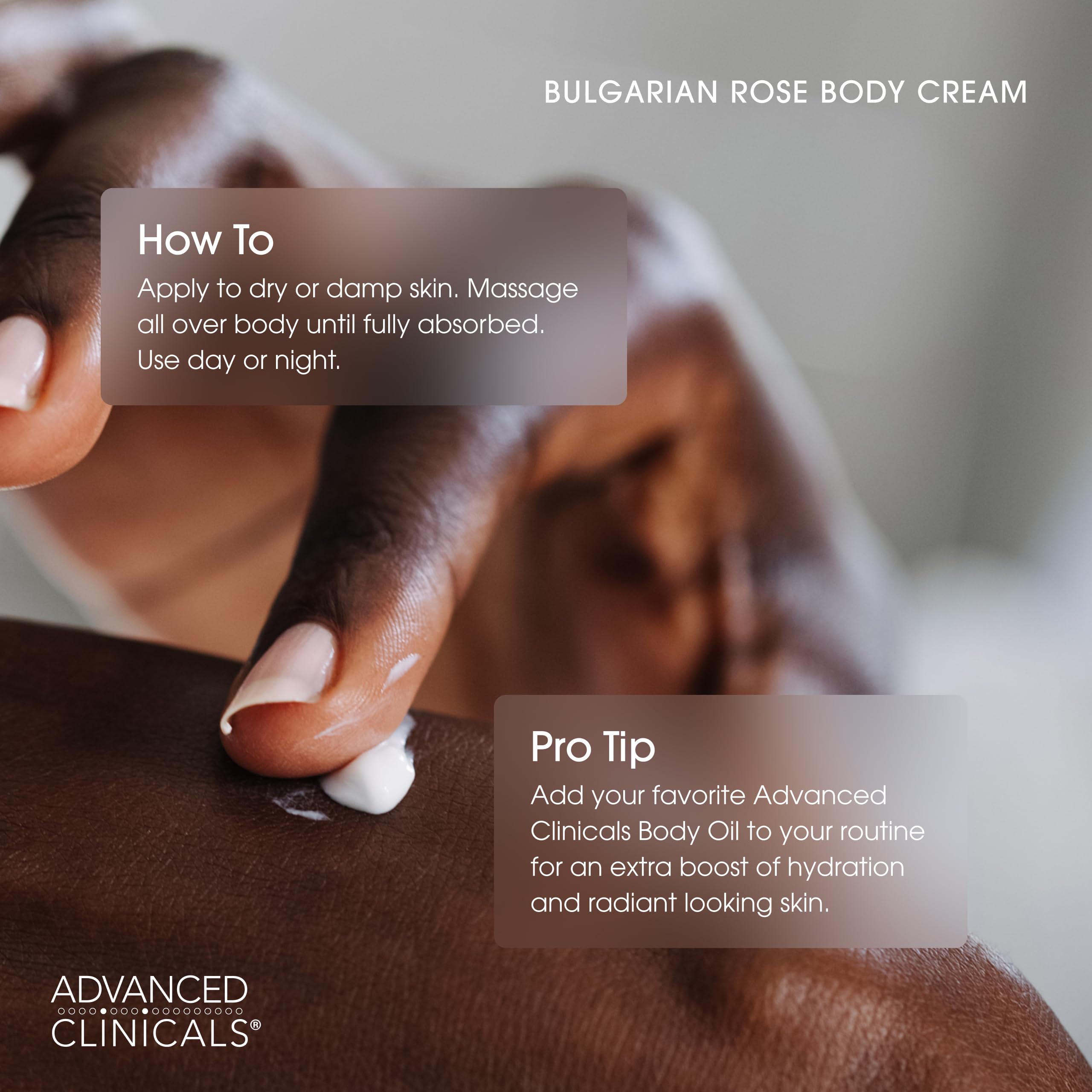 Advanced Clinicals Bulgarian Rose Lotion on the neck highlights gentle, rejuvenating feel.