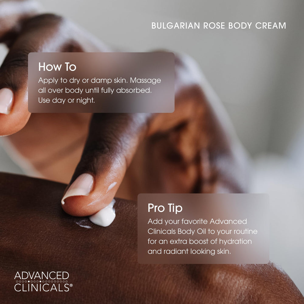 Advanced Clinicals Bulgarian Rose Lotion on the neck highlights gentle, rejuvenating feel.