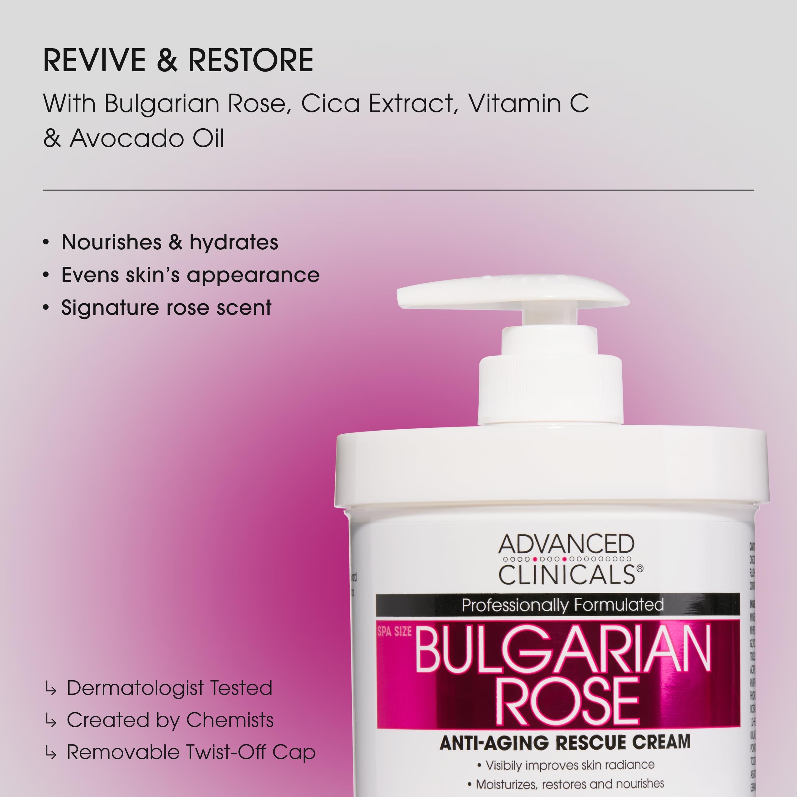 Bulgarian Rose Lotion texture closeup highlights creamy, non-greasy hydration for refreshed skin.