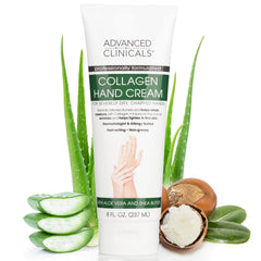 Advanced Clinicals collagen hand and body cream bottle with pump for easy moisturizing.