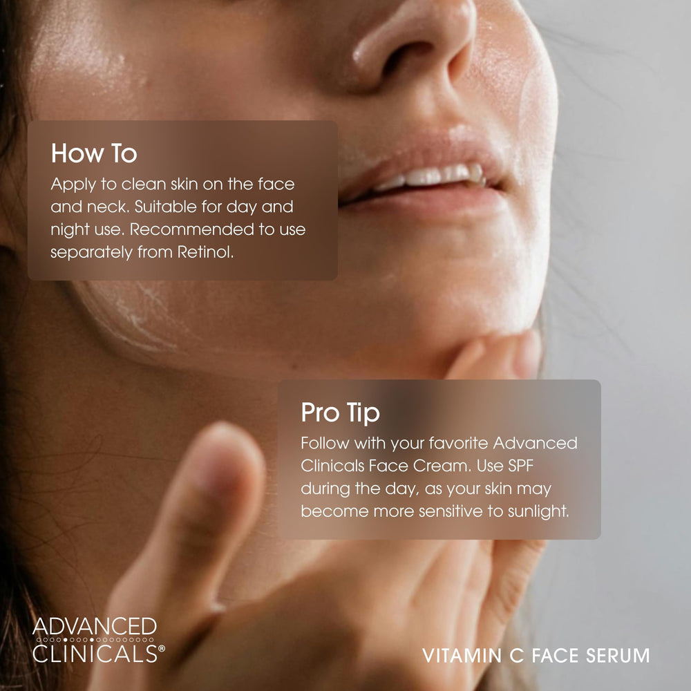 Advanced Clinicals serum applied to clean face and neck for daily use