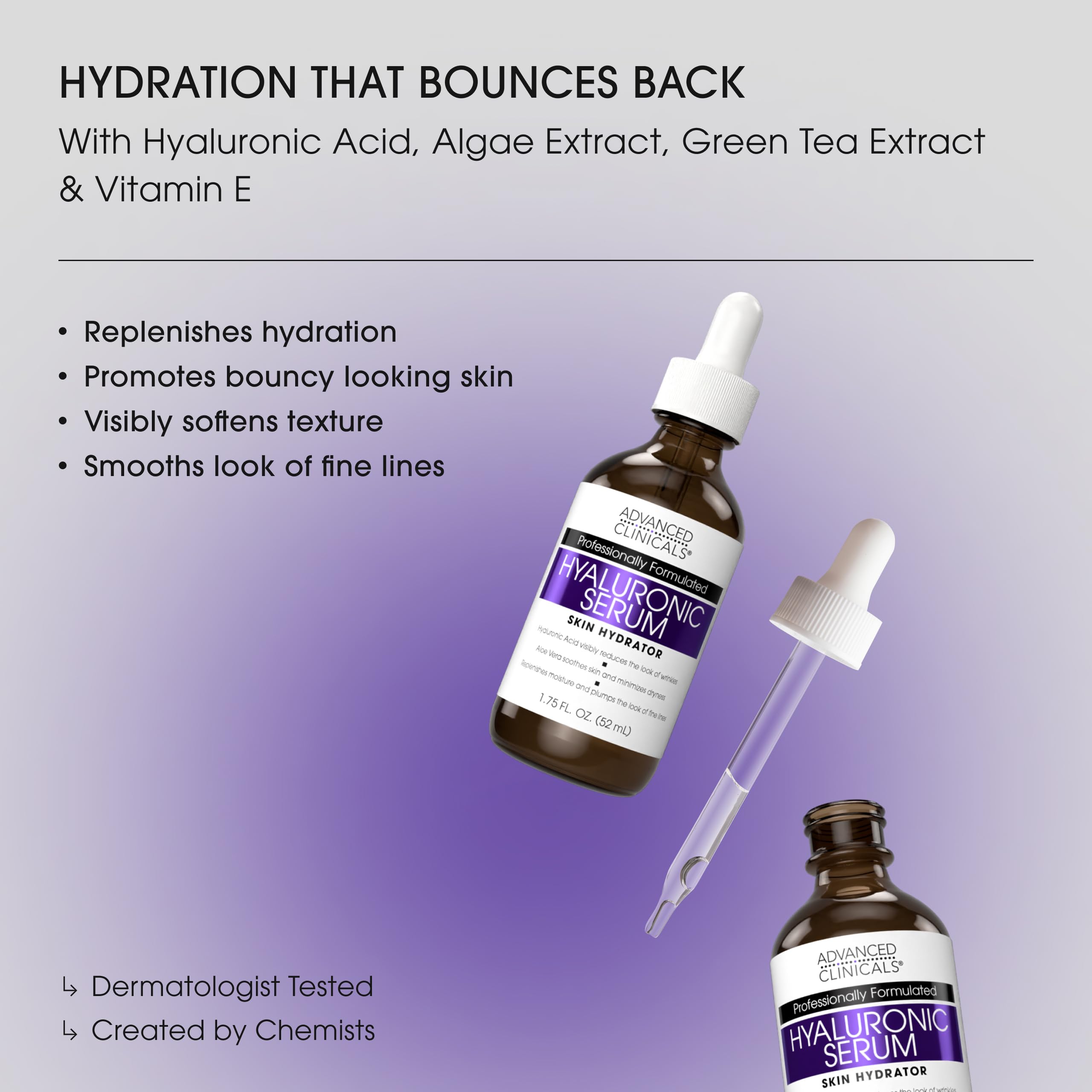 Advanced Clinicals Hyaluronic Acid Serum gel texture close-up shows lightweight hydration.