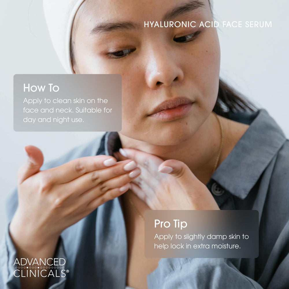 Advanced Clinicals Hyaluronic Acid Serum on clean face demonstrates rapid absorption and hydration.